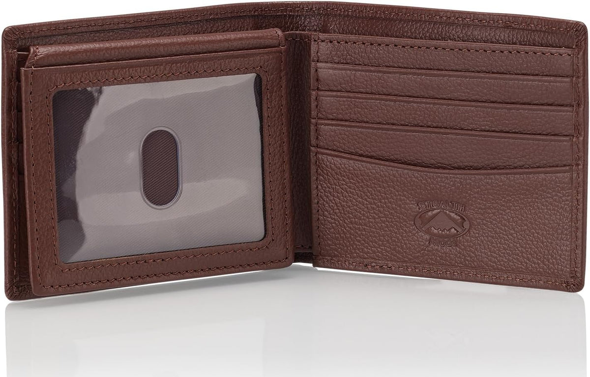 Stealth Mode Leather Bifold Wallet for Men with ID Window and RFID Blocking
