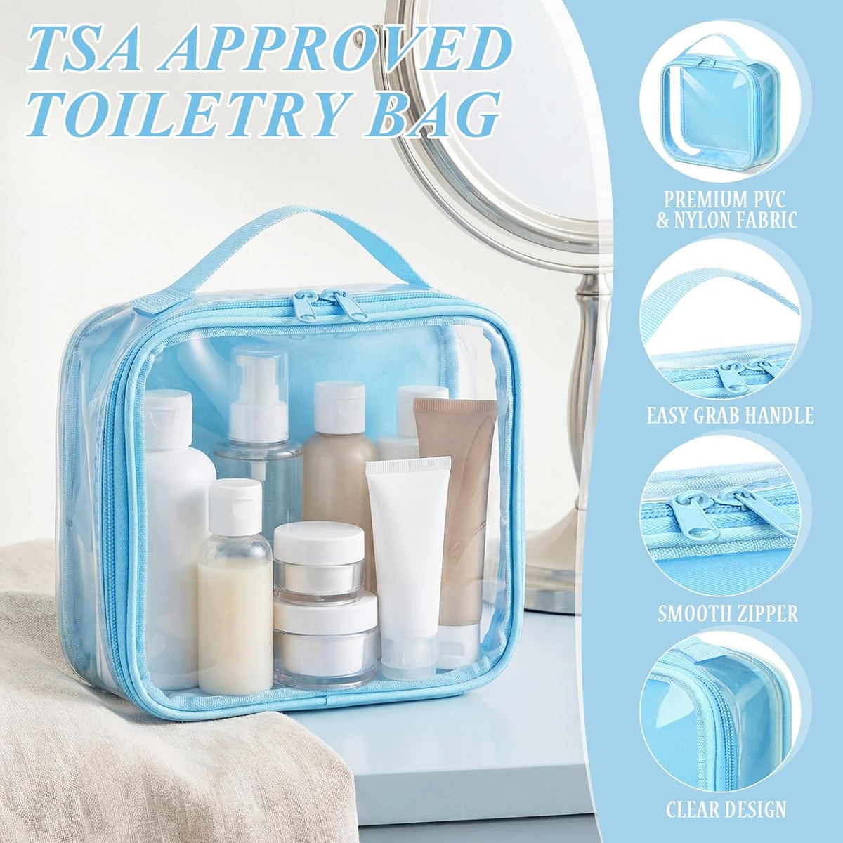 Abbylike 3 Pcs Small Toiletry Bags Reusable Quart Size Travel Liquid Pouch Single-sided Clear PVC Carry-on Organizer with Handle Cosmetic Bags for Airport Security Women Men(Light Blue)