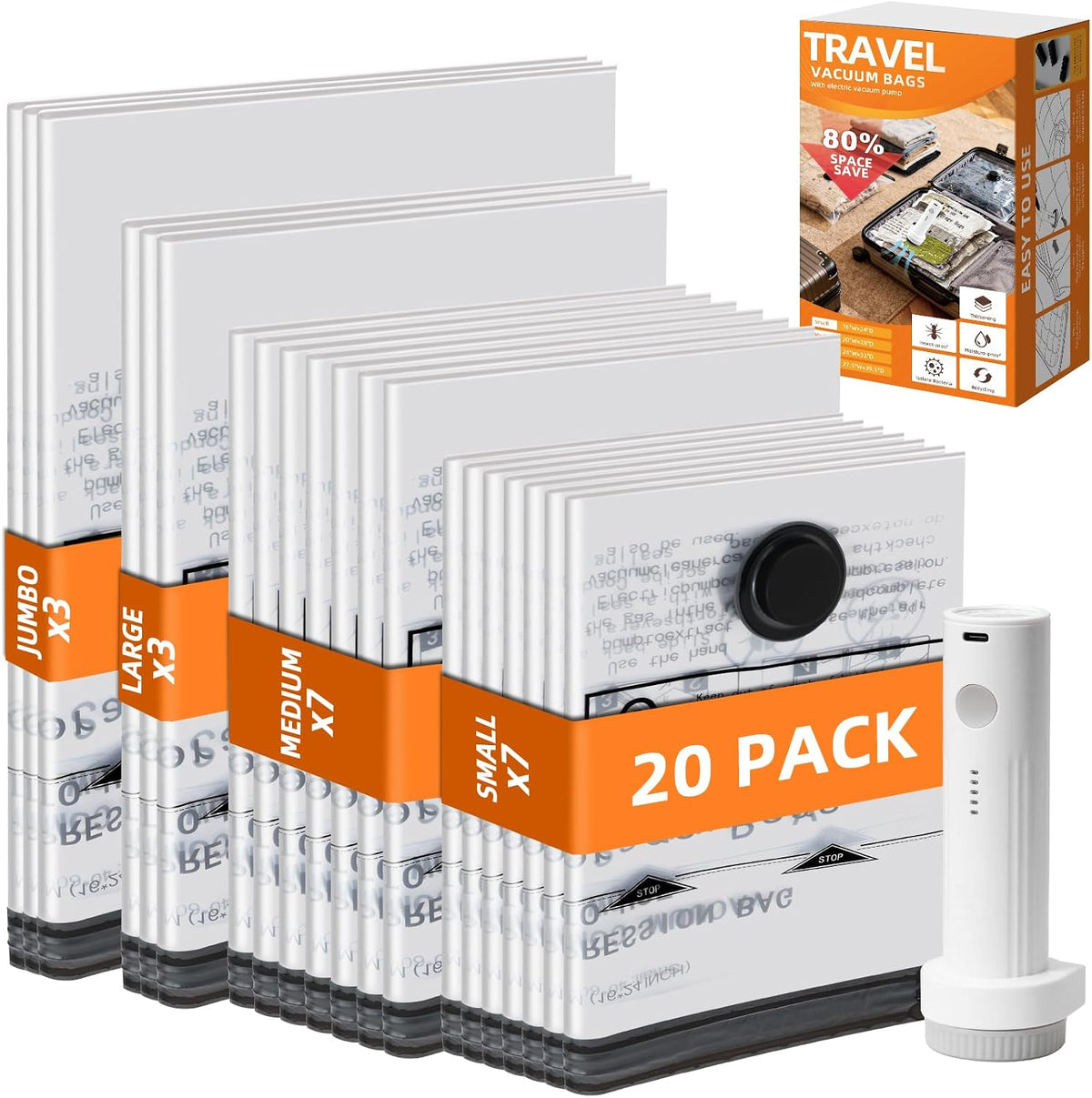 Travel Vacuum Bags with Electric Pump, 20 Pack Luggage Storage Seal Bag, Clothes Compression Suitcase Packing Sealer Bags, Cordless Hefty Vacuum Sealed Space Saver Bags (7S+7M+3L+3J)