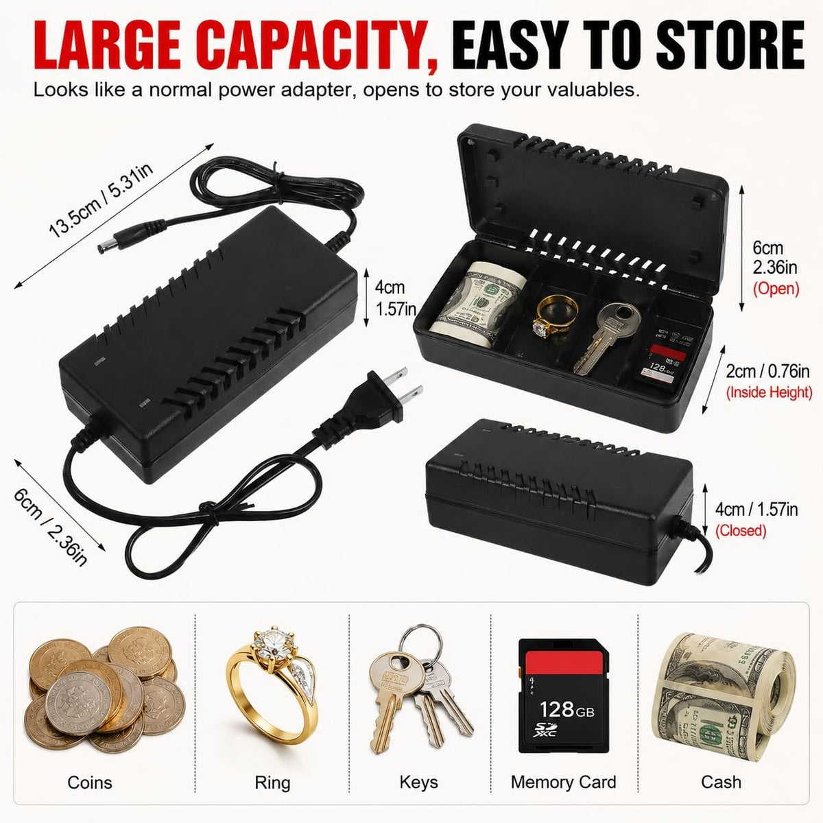 Homoyoyo Fake Charger Hidden Money Box Discreet Storage Safe Security Wall Plug Diversion with Storage Hiding Places for Coins Cash Jewelry Card Coins Travel Home Diversion Safes and Containers
