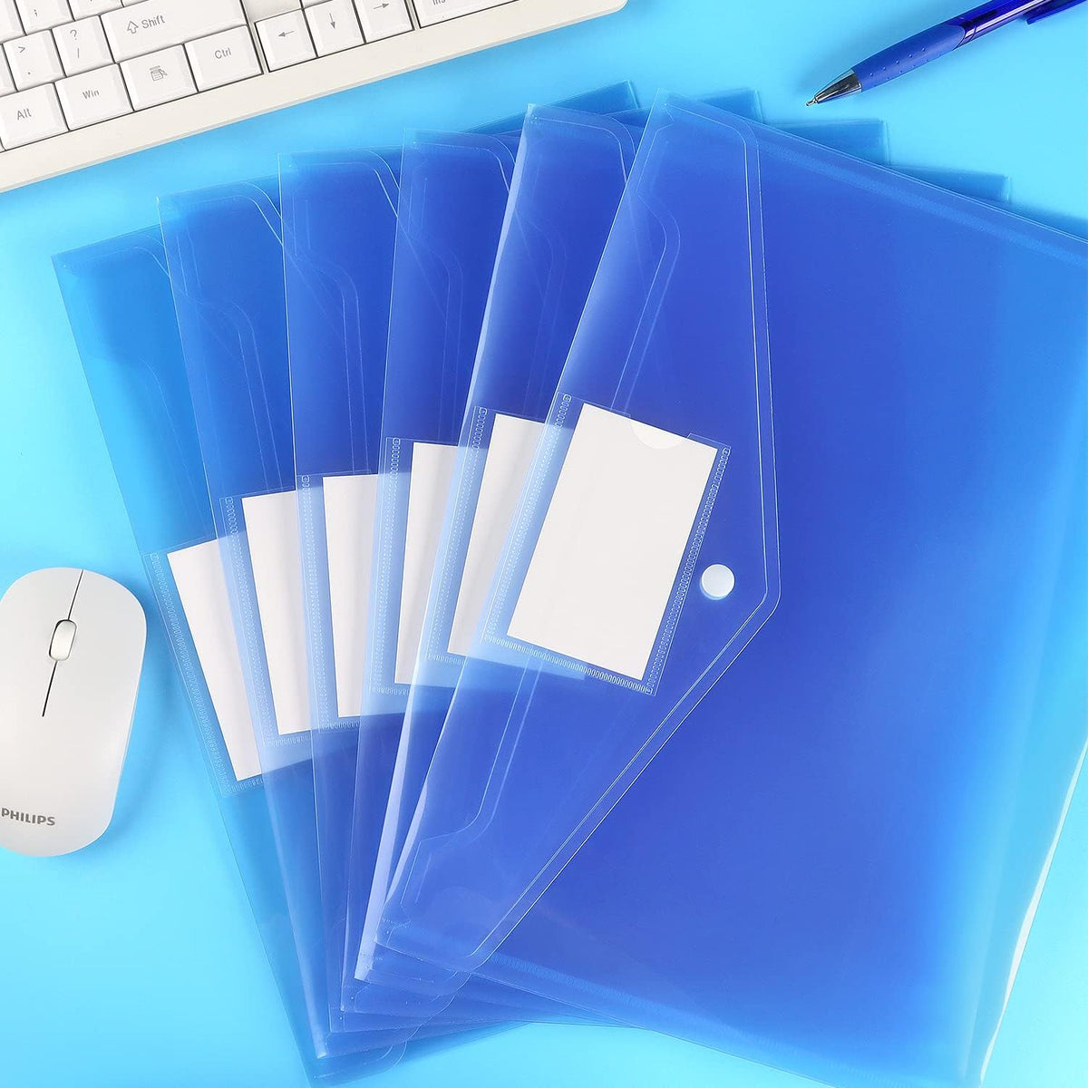 6 Pack Clear Document Folders Plastic Envelopes, A4 Size, Blue