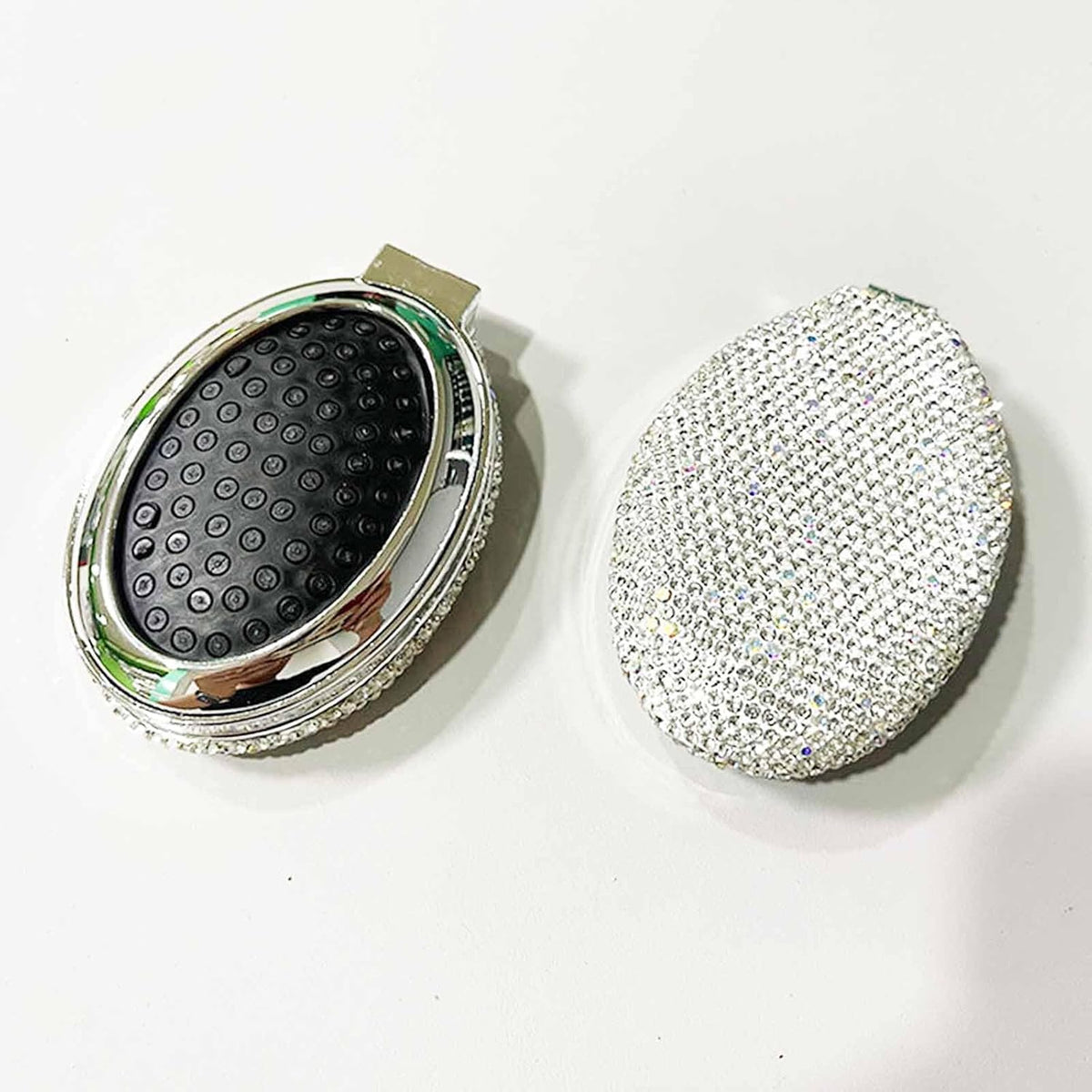 1 Pack Rhinestone Pocket Hair Brush with Mirror Bling Travel Folding Combs Sparkle Portable Collapsible Compact Comb for Women Wedding Party Silver White (No Chain-WIth-Round)