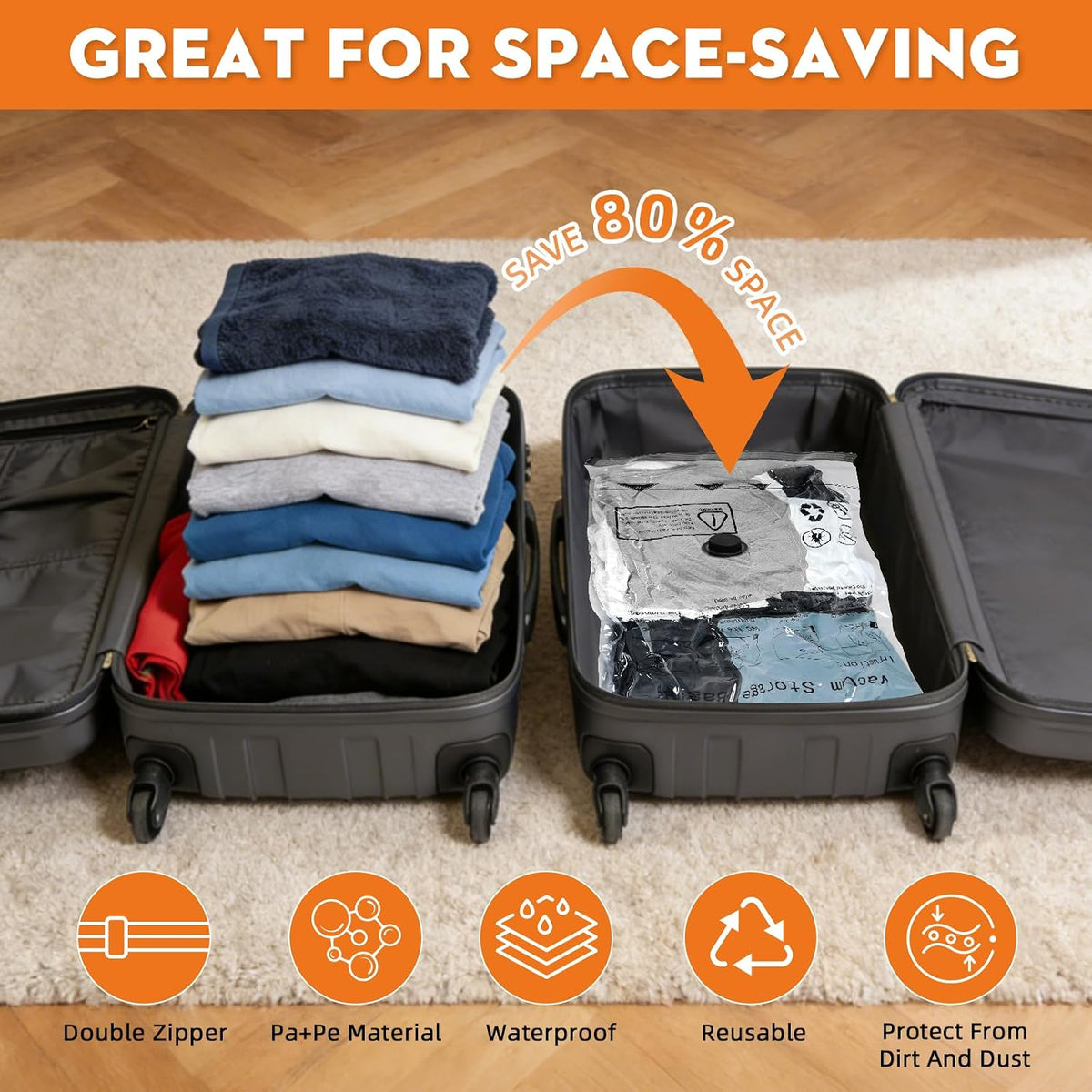 Travel Vacuum Bags with Electric Pump, 20 Pack Luggage Storage Seal Bag, Clothes Compression Suitcase Packing Sealer Bags, Cordless Hefty Vacuum Sealed Space Saver Bags (7S+7M+3L+3J)