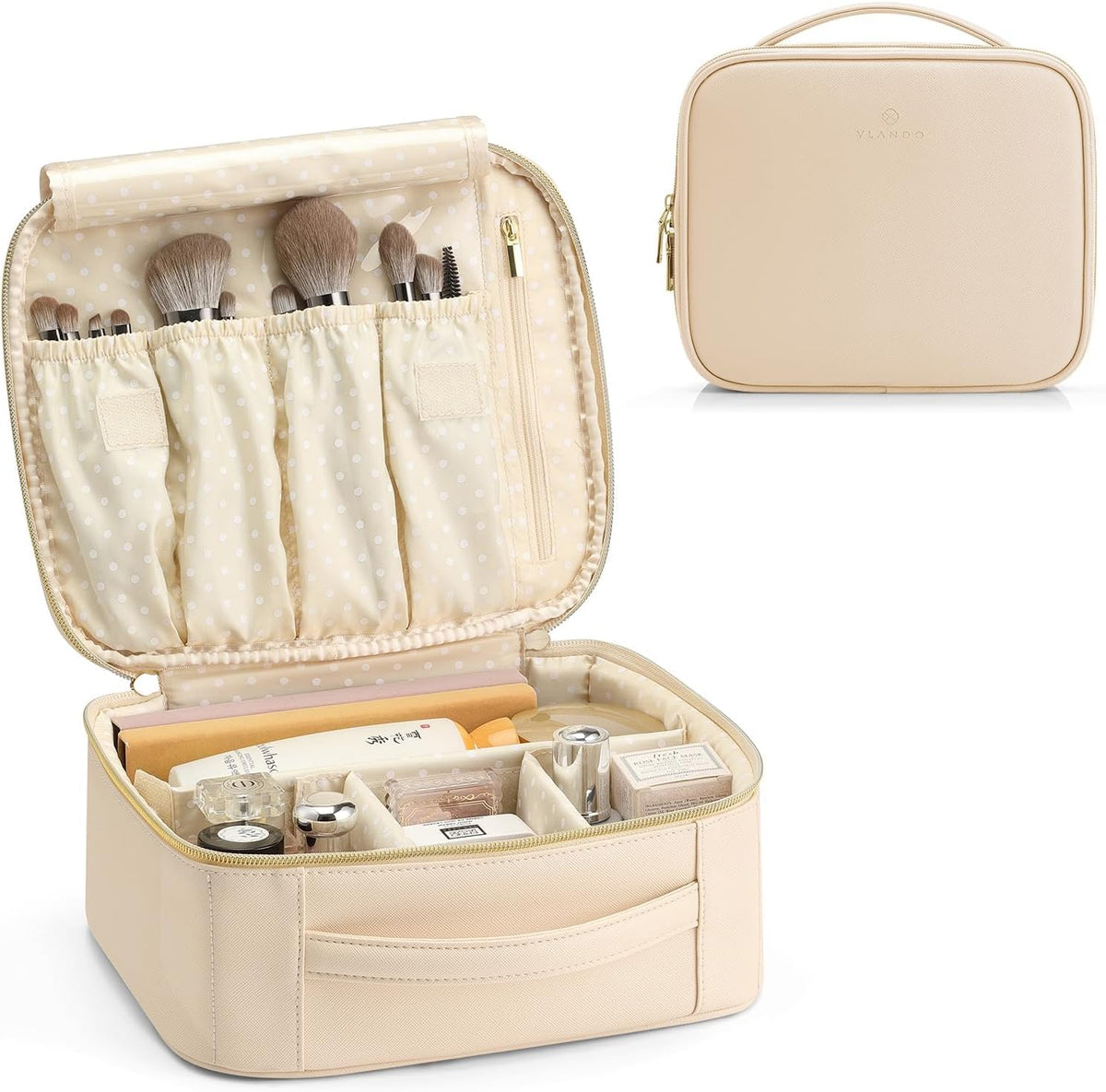 VLANDO Travel Makeup Bag, Makeup Bag Organizer,Gift Ideas for Women Girls,Makeup Storgae Bag with Dividers and Handle,Gifts for Christmas,Birthday,Wedding Beige
