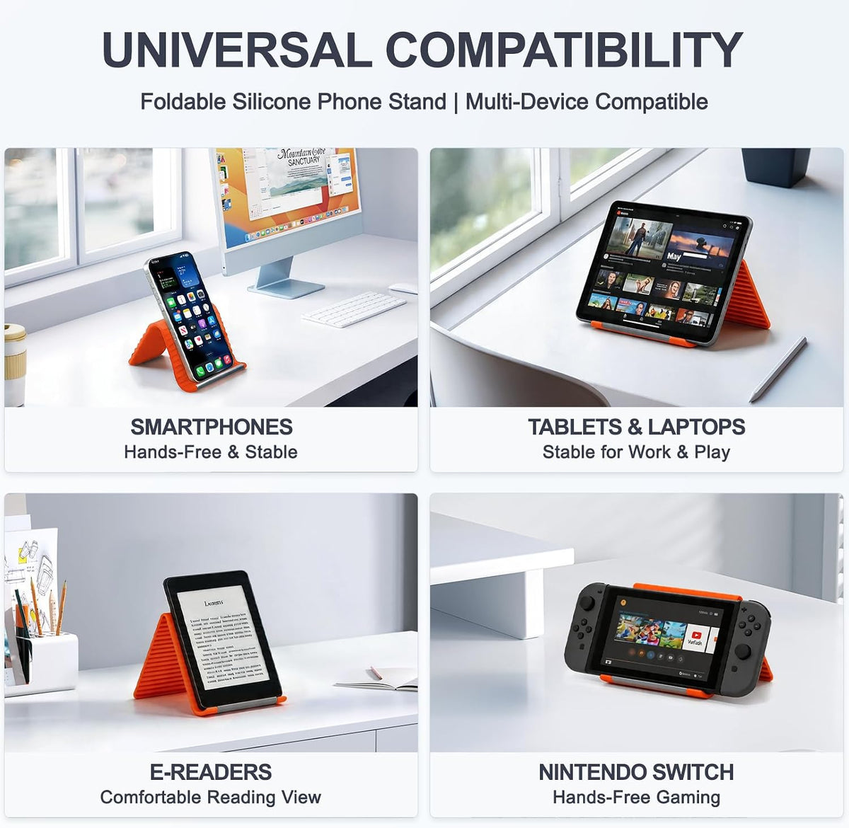 Foldable Phone Stand, Flexible Phone Holder Built-in Aluminum Anti-Slip Silicone Portable Phone Stand for Phone Tablet Laptop Bed Office Airplane Travel Orange