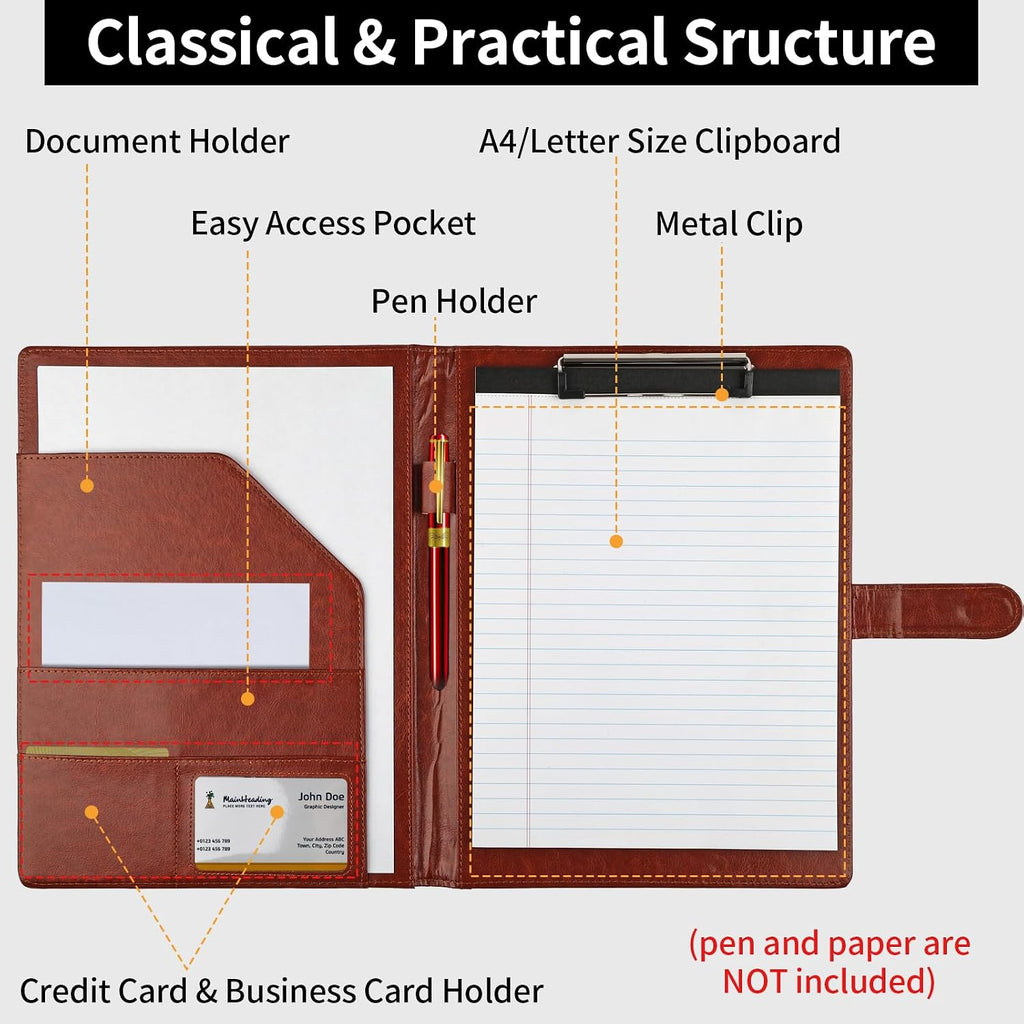 Professional Padfolio with Clipboard, Faux Leather Portfolio Folder Binder