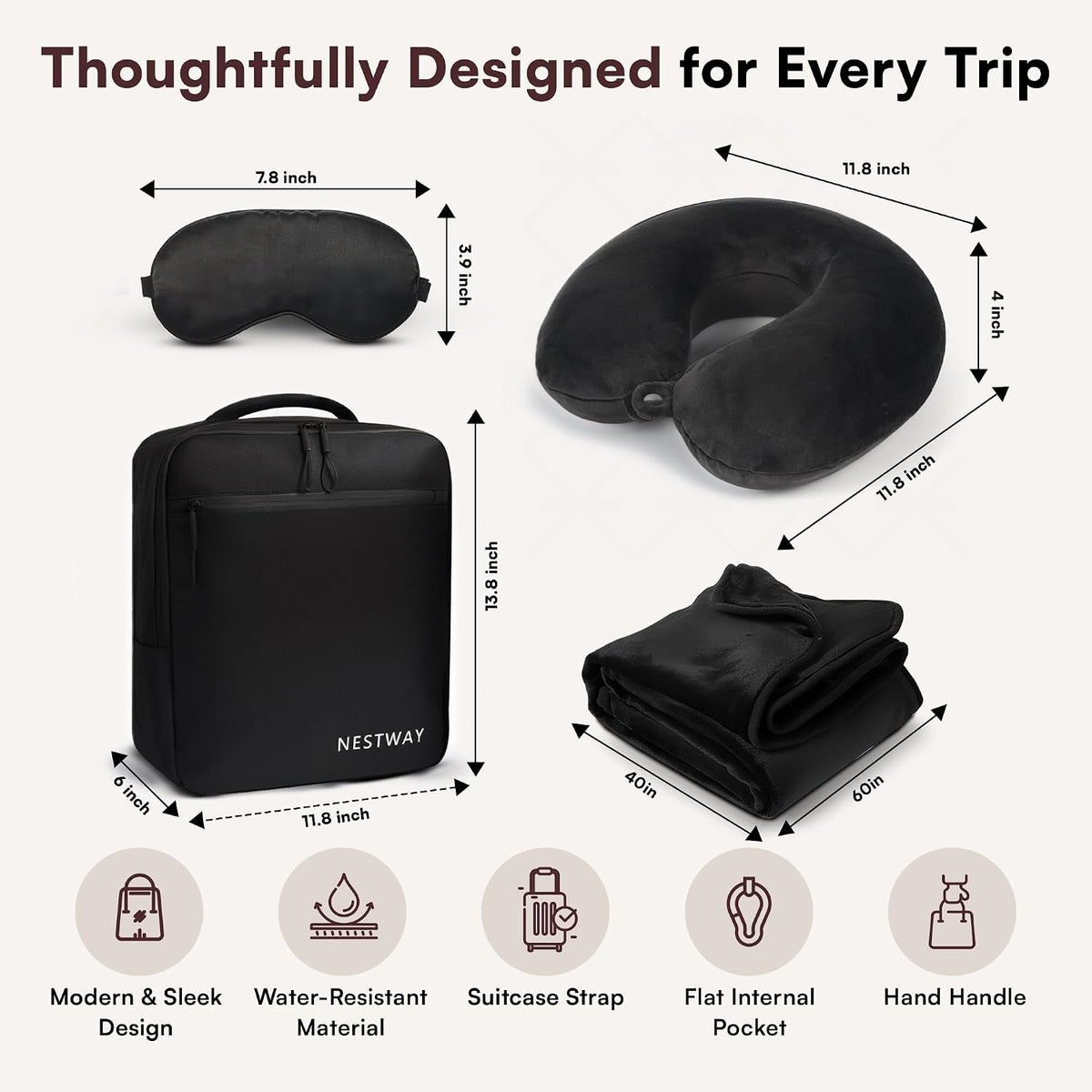 5-in-1 Travel Pillow and Blanket Set – Memory Foam Neck Pillow, Airplane Travel Essentials with Plush Blanket, Eye Mask, Earplugs & Waterproof Bag