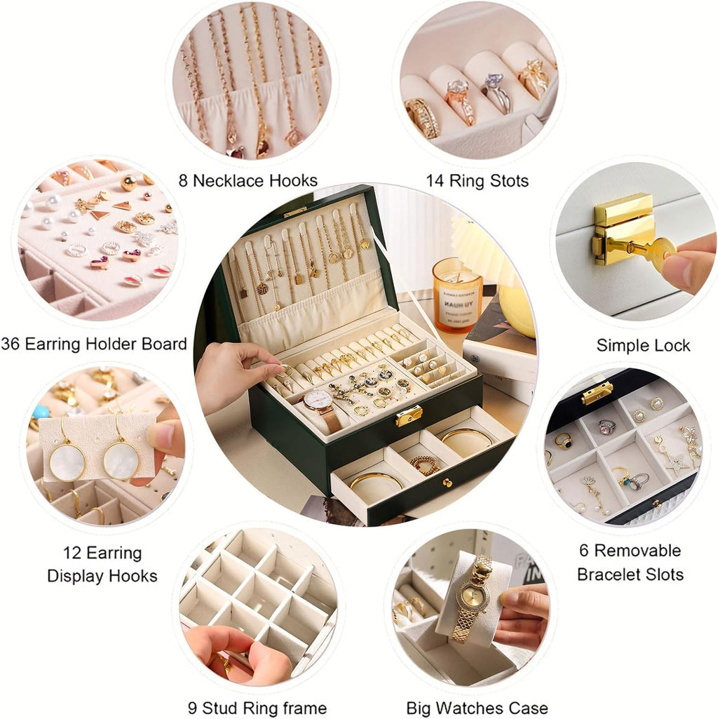 GUOER Jewelry Box for Women Girls, Two Layers Jewelry Organizer (Champagne)