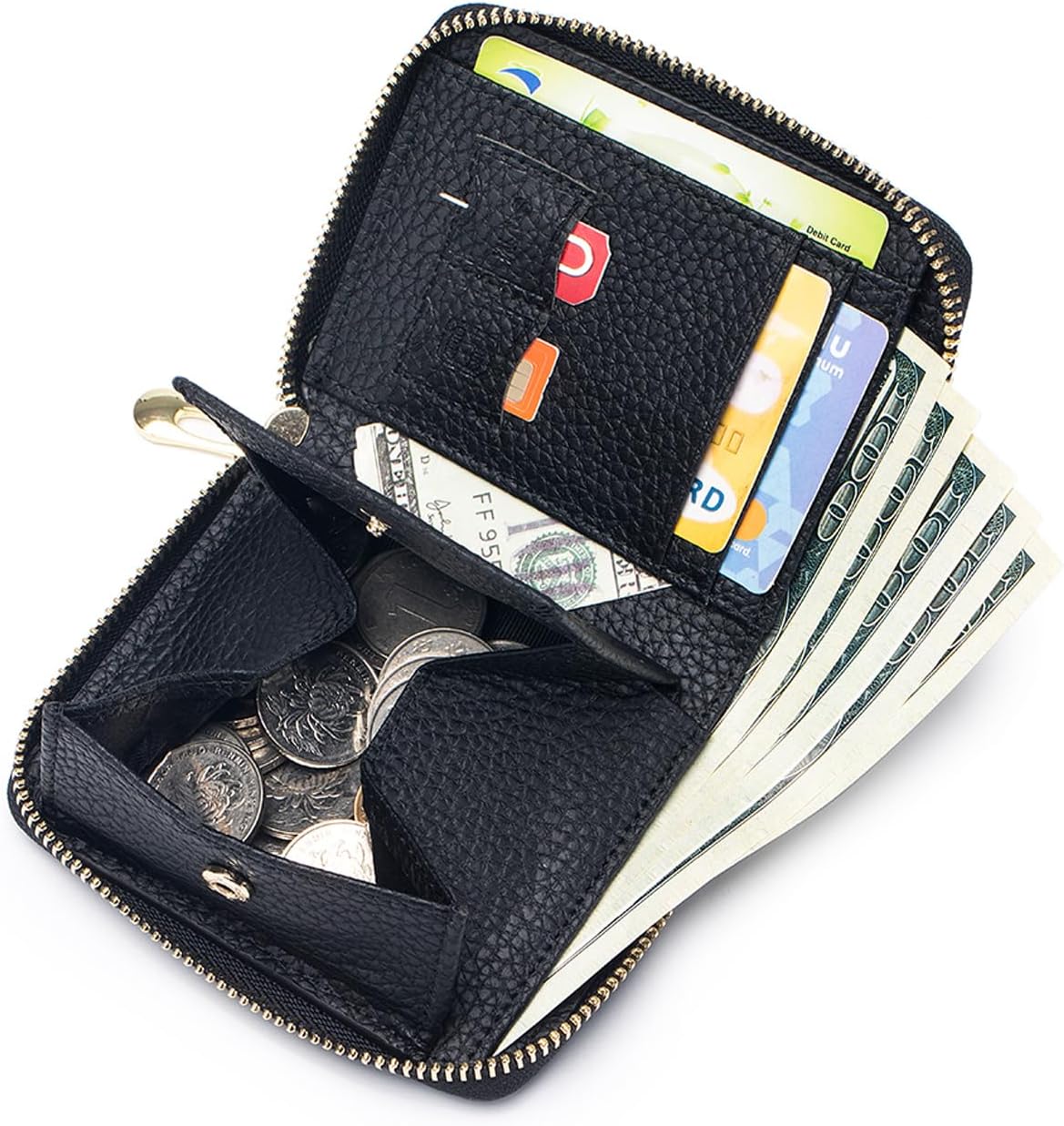 RFID Blocking Leather Wallets for Women, Zip Around Small Wallet