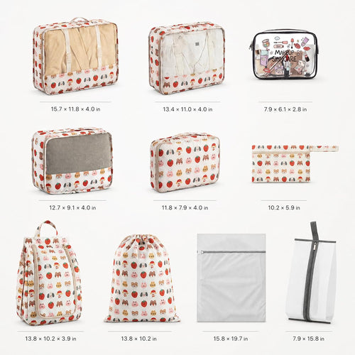 10 Set Packing Cubes for Travel, Durable Luggage Packing Organizers, Carry-On Accessories, TSA Approved See-Through Cubes, Space-Saving Storage Bags, Gifts for Women (Pink Strawberry Animal)