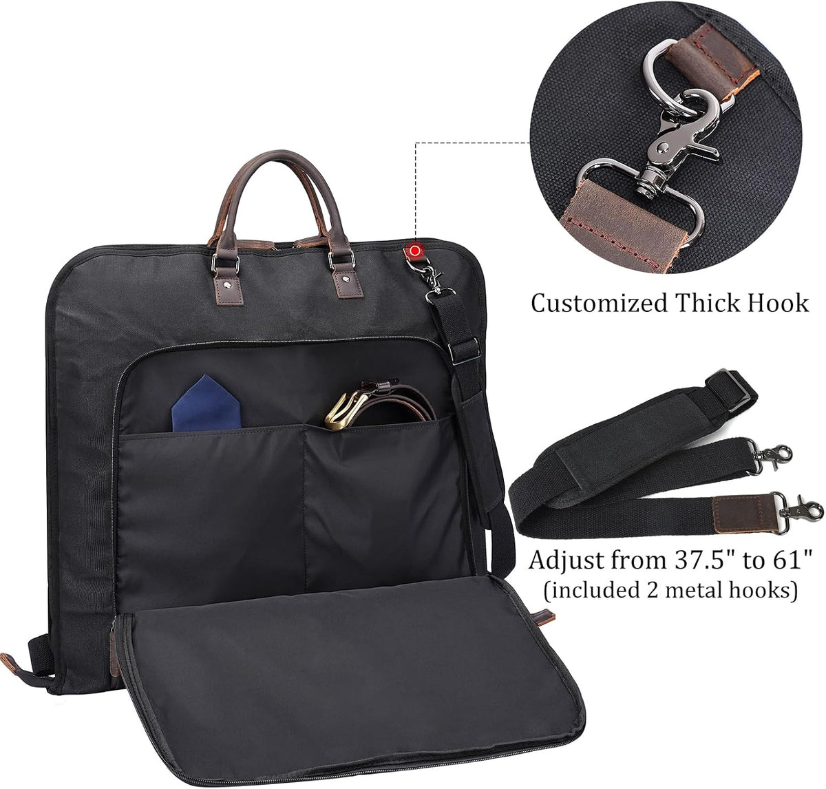 Polare Waxed Canvas Full Grain Leather Trim Garment Carry On Bag for Travel, Foldable Hanging Suitcase Weekender Dust-Proof Garment Waterproof Cover with YKK Zipper and Adjustable Strap (Black)