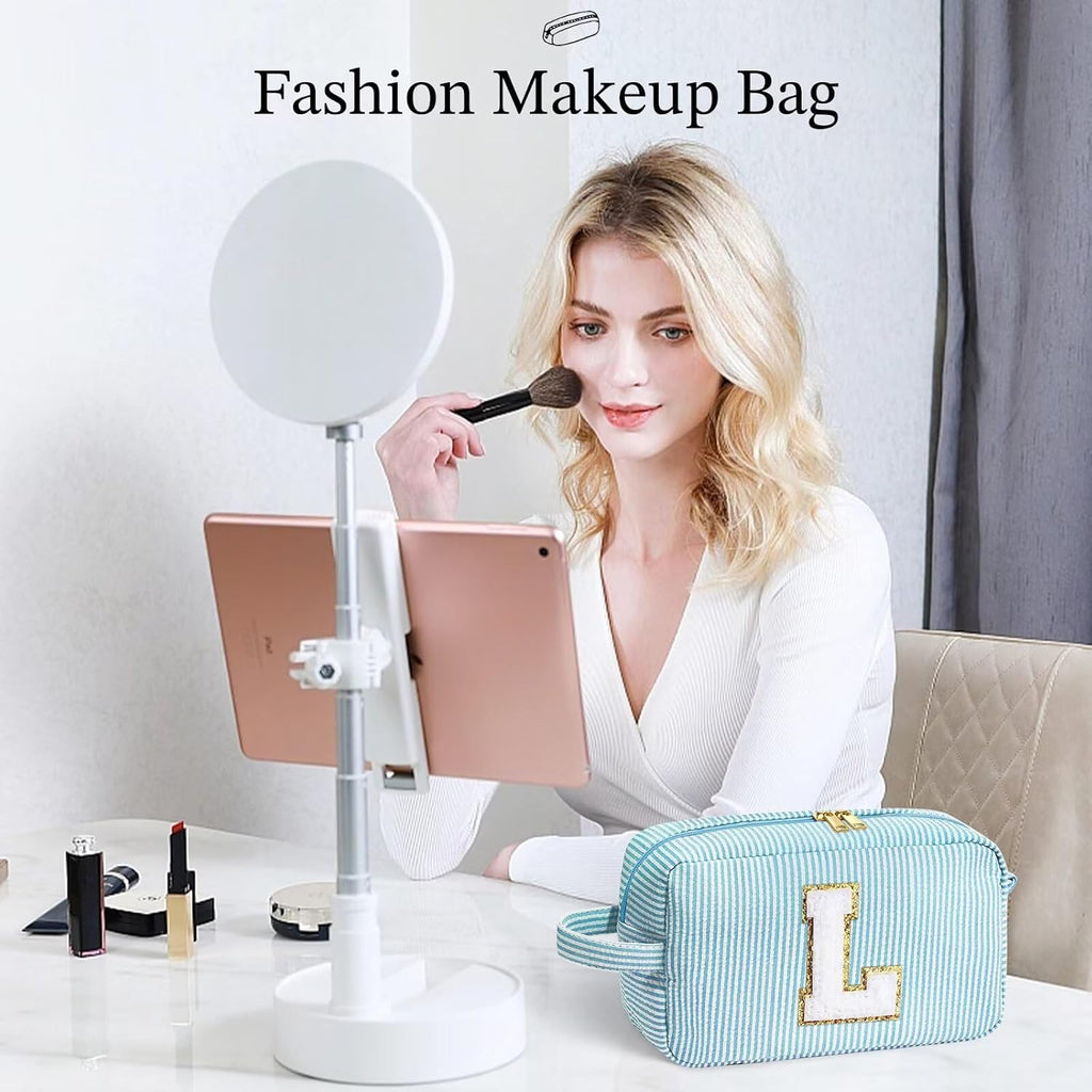 YOOLIFE Birthday Gifts for 6 7 8 9 10 11 12 13 14 15 Year Old Teen Girl - Initial Makeup Bag Letter Toiletry Pouch Cosmetic Case, Personalized Teen Girl Gifts Trendy Stuff Party Favor, Light Blue L
