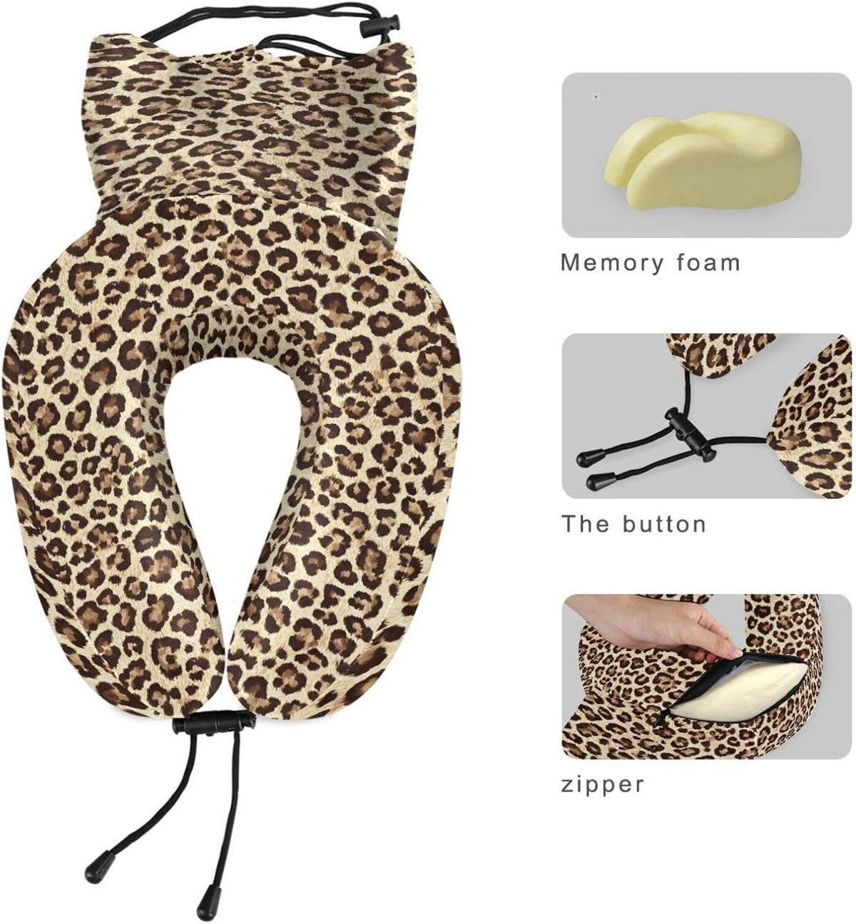 ALAZA Memory Foam Travel Pillow with Snap Clip Animal Leopard Print Geometric Brown Neck Pillow for Airplane Travel Kit, Soft Comfortable and Washable