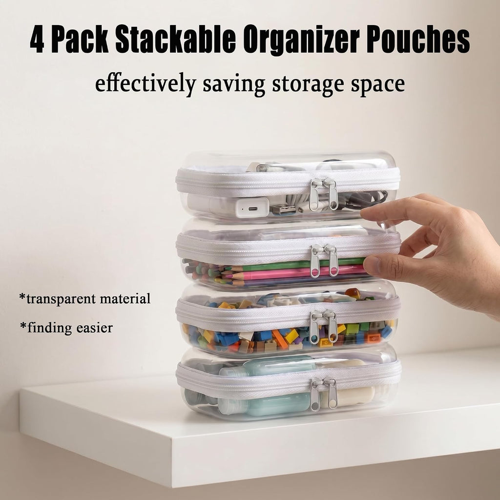 4 Pack Clear Hard Shell Zipper Case, Small Diaper Bag Organizer Pouches