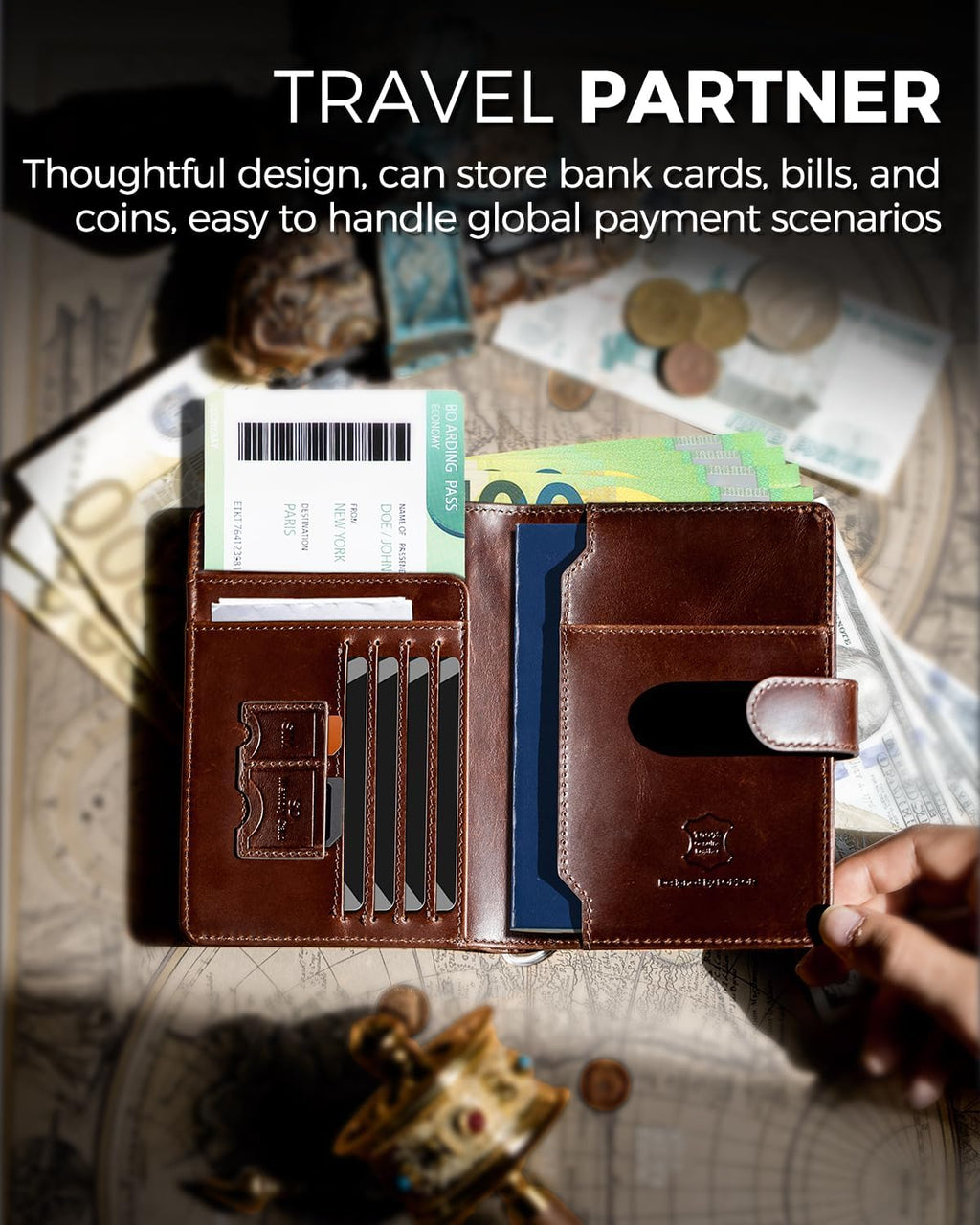 LORZOR Passport Holder for Travel: Full Grain Leather Passport Cover with Airtag Holder Magnetic Buckle for Men - RFID Blocking Bifold Wallet for Air Ticket Card Cash Coin (Brown)