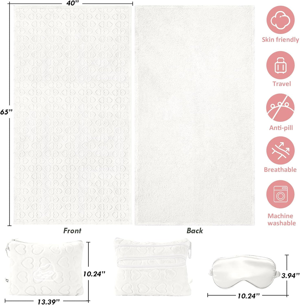 Travel Blanket, Airplane Blanket, Ultra-Soft, Warm & Lightweight, 65x40 in, Outdoor Blanket Essentials for Women, Men & Kids, Included Eye Mask, Luggage Sleeve & Backpack Clip Heart Cream