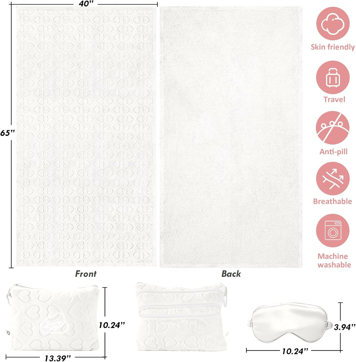Travel Blanket, Airplane Blanket, Ultra-Soft, Warm & Lightweight, 65x40 in, Outdoor Blanket Essentials for Women, Men & Kids, Included Eye Mask, Luggage Sleeve & Backpack Clip Heart Cream