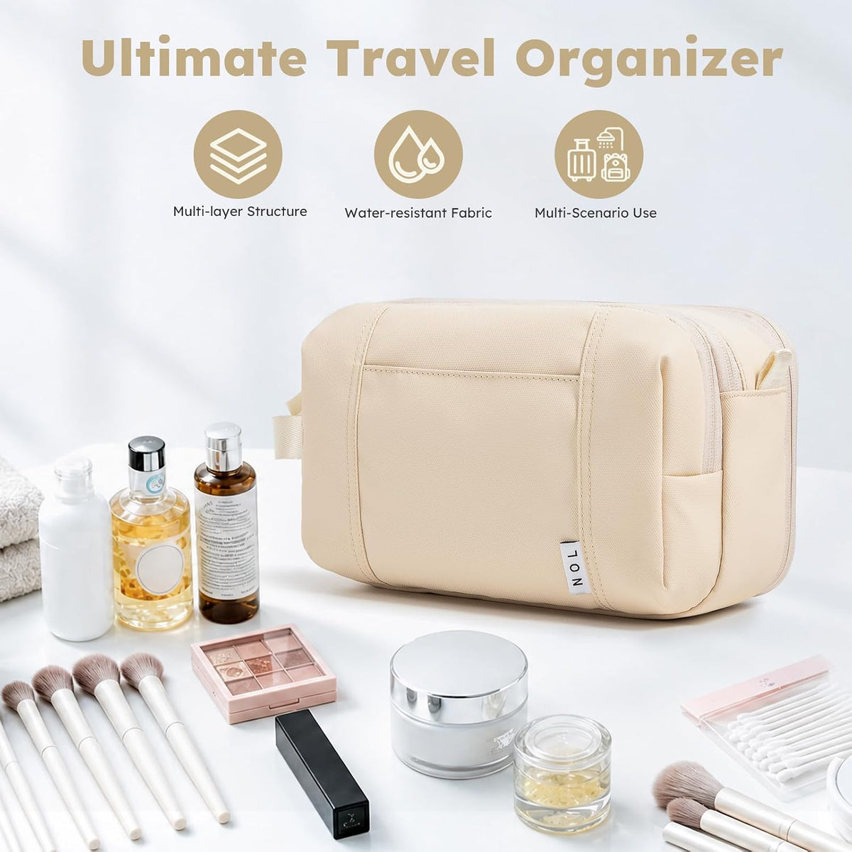 NOL Toiletry Bag for Men/Women, Water-Resistant Nylon Travel Organizer with Multiple Compartments, Flat-Open Makeup Cosmetic Bag with Dual Zippers & Side Handle, Shaving Dopp Kit for Toiletries, Cream