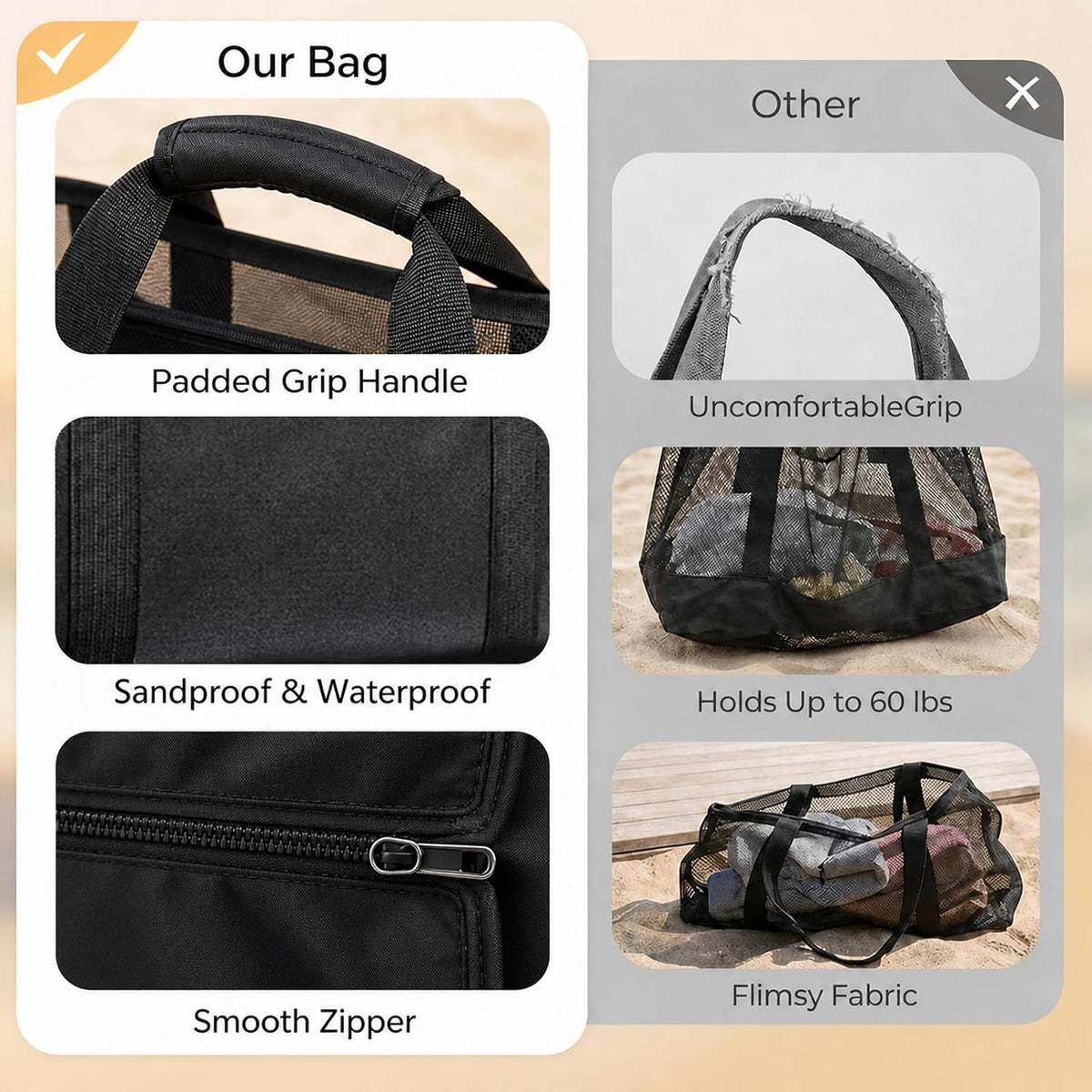 UBasic UBsic Mesh Beach Bag with Zipper Large Tote Foldable Mesh Travel Bag