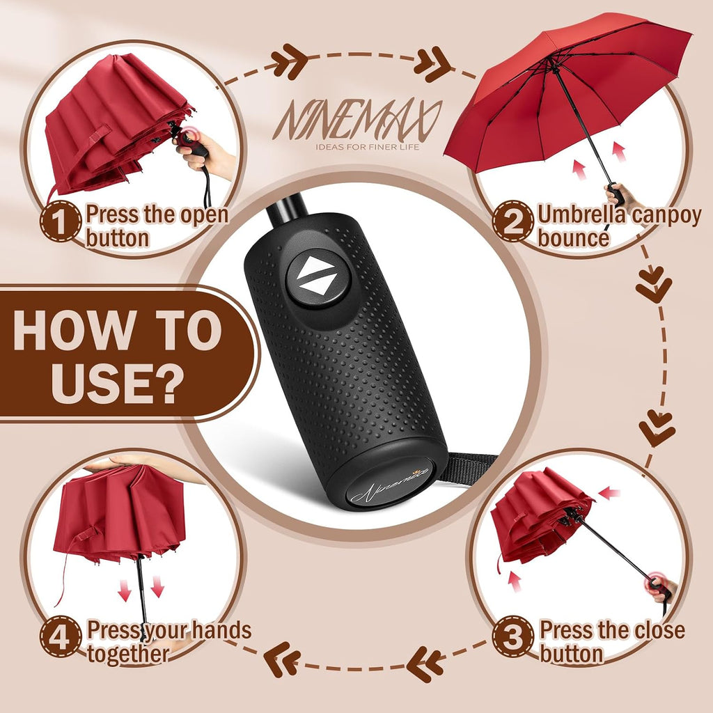 NINEMAX Windproof Travel Folding Umbrella for Men Women, Portable Compact Umbrellas Automatic Open and Close for Rain