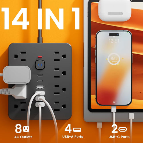 10 Ft Power Strip Flat Extension Cord with 8 AC Outlets, 6 USB Ports (2 USB C) & One-Touch Switch, Wall Mountable Desk Charging Station for Office Home Travel, Black