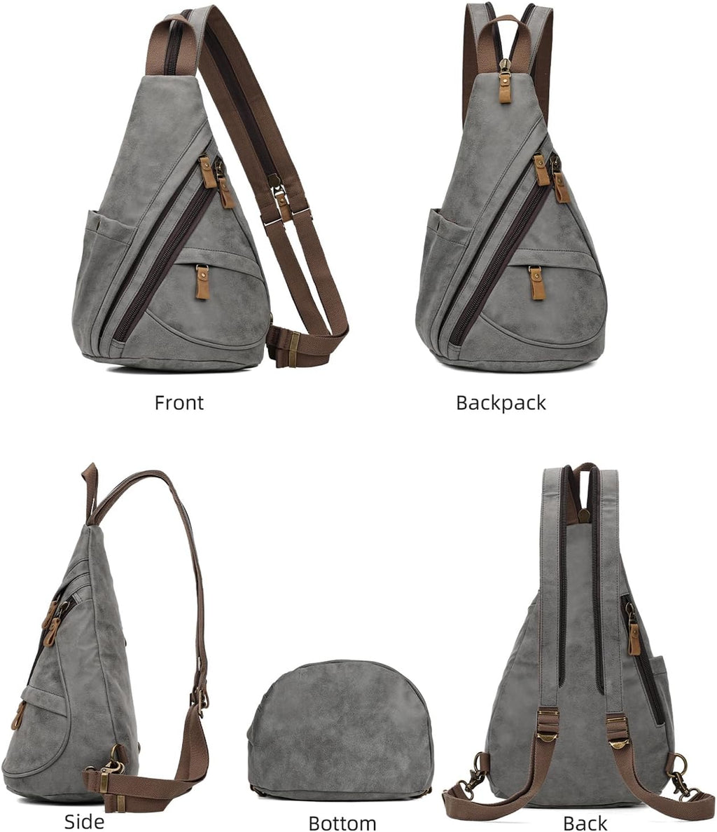 KL928 PU Leather Sling Bag - Small Crossbody Backpack Shoulder Casual Daypack Rucksack for Men Women Outdoor Cycling Hiking Travel (6881-PU-D.Grey)