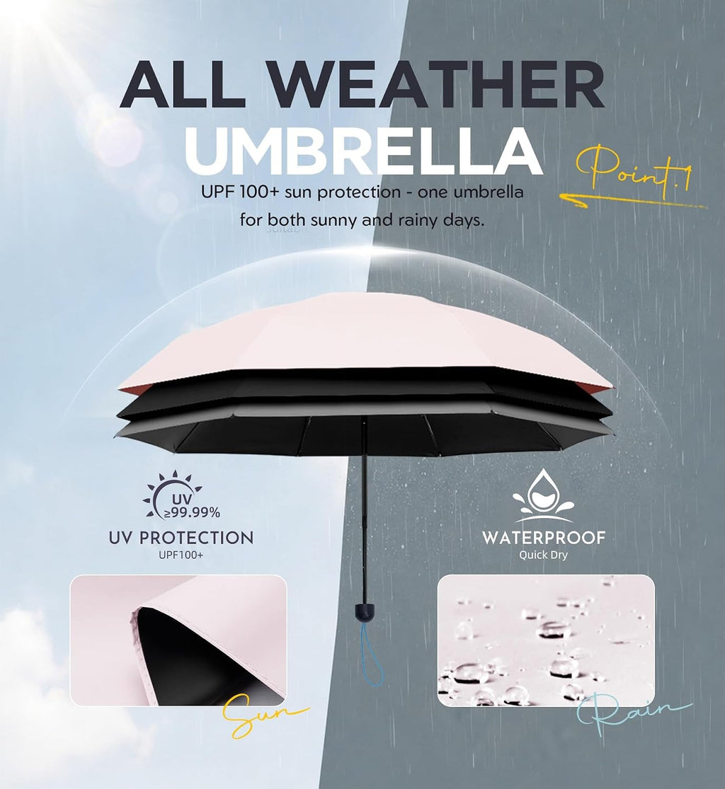 Umbrella Travel Size Mini Compact for Rain, UPF 100+ UV Protection