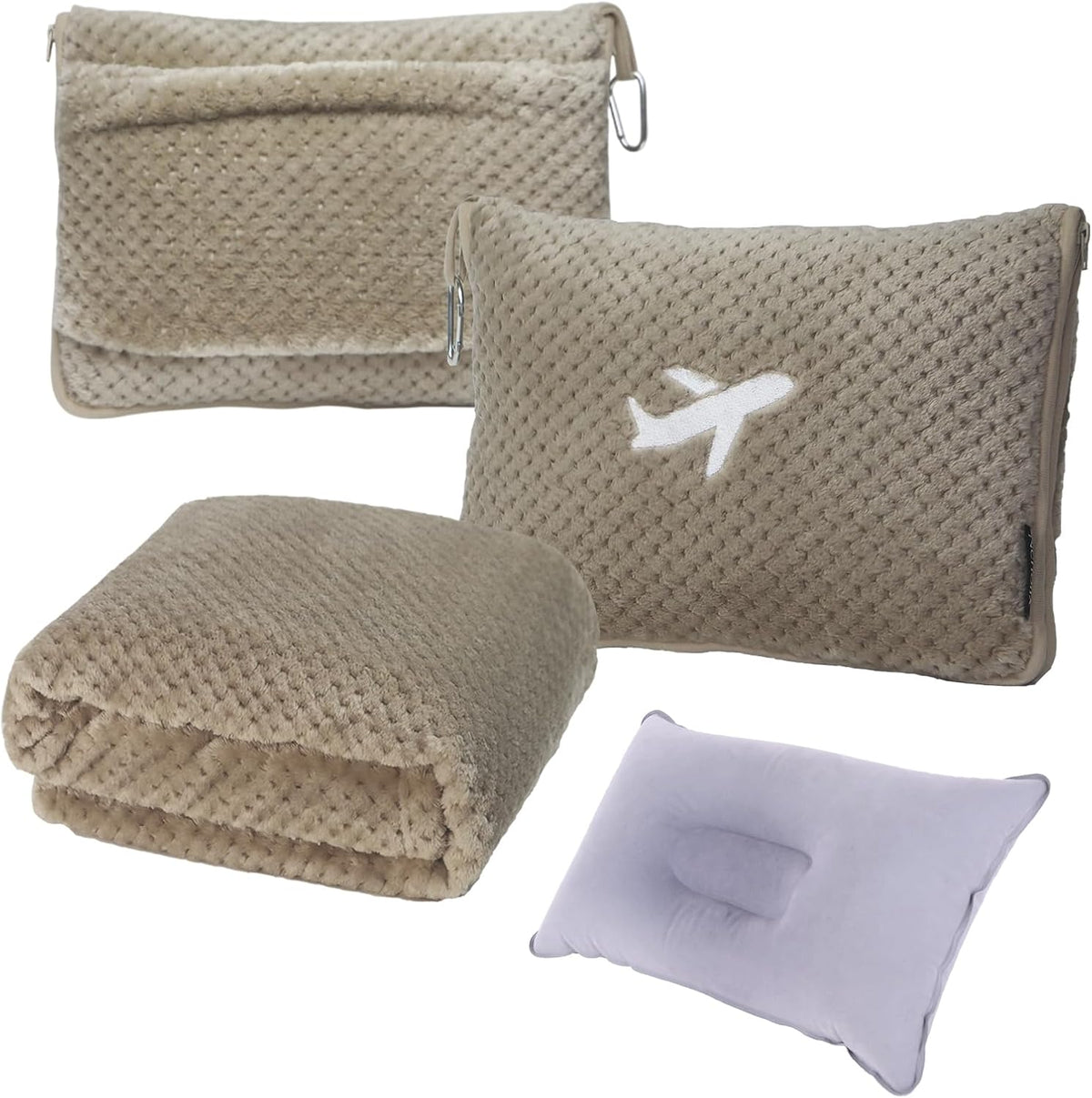 3 in 1 Travel Blanket Pillow Set - 350 GSM Thick Travel Blanket Airplane Compact with Bag, Soft Bag with a Pocket, Inflatable Travel Pillow for Camping & Car Trip (Light Coffee)