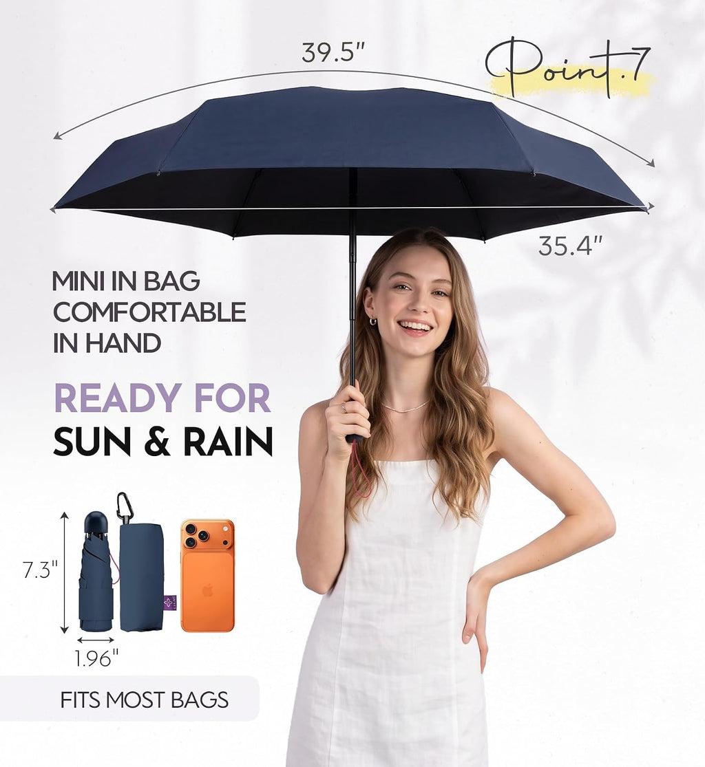 Umbrella Travel Size Mini Compact for Rain, UPF 100+ UV Protection