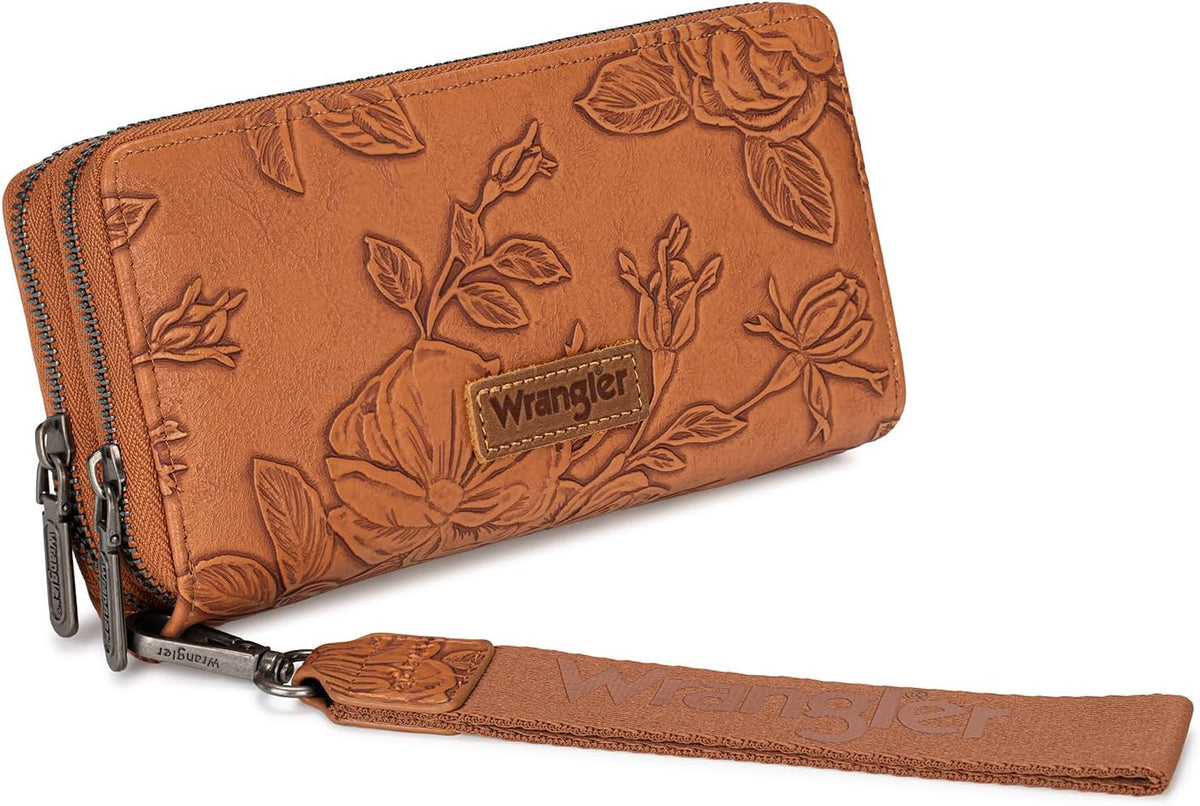 Wrangler Wristlet Wallets for Women Embossed Flower Double Zipper Clutch