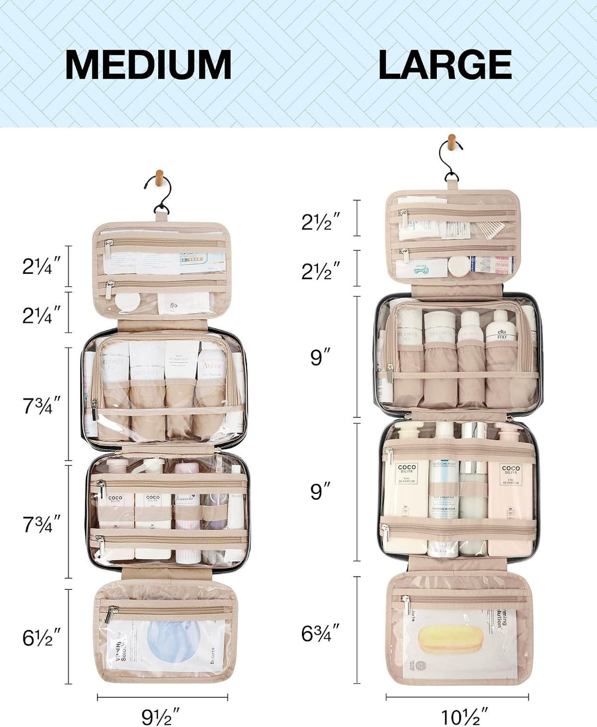 BAGSMART Toiletry Bag Hanging Travel Makeup Organizer with TSA Approved Transparent Cosmetic Bag Makeup Bag for Full Sized Toiletries, Medium-Black