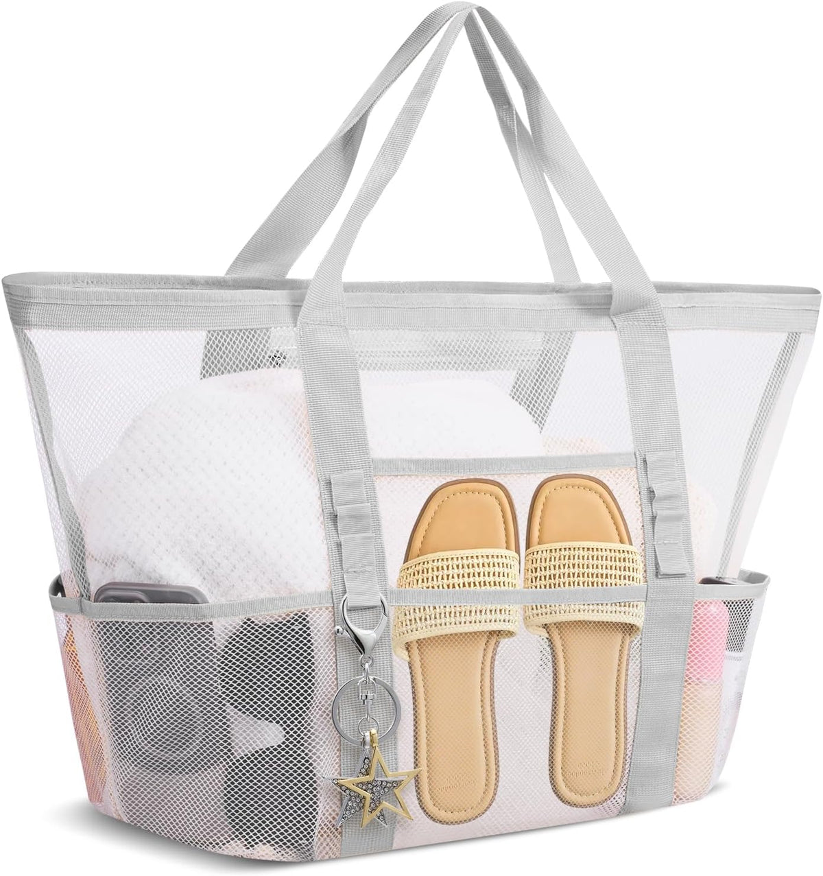 Large Mesh Beach Bag for Women, Sandproof 9-Pocket Beach Tote Bag, Quick-Drying Pool Bag for Travel Vacation
