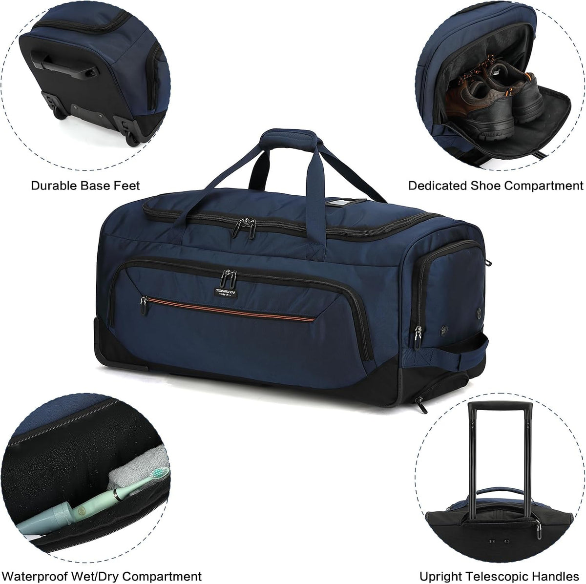 Large Rolling Duffle Bag with Wheels and Handle 85L 29 inch Travel Duffel Bag for Men Women with Shoe Compartment & Wet Pocket, 2 Wheeled Checked Luggage for Business Travel Long Trips, Blue