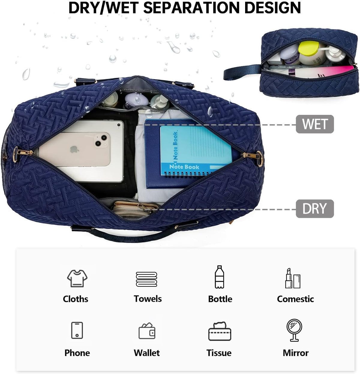 Duffle Bag for Travel, Weekender Bag with Shoe Compartment, Carry On Overnight Bag for Women with Toiletry Bag, Gym Bag with Wet Pocket, Hospital Bags for Labor and Delivery Navy