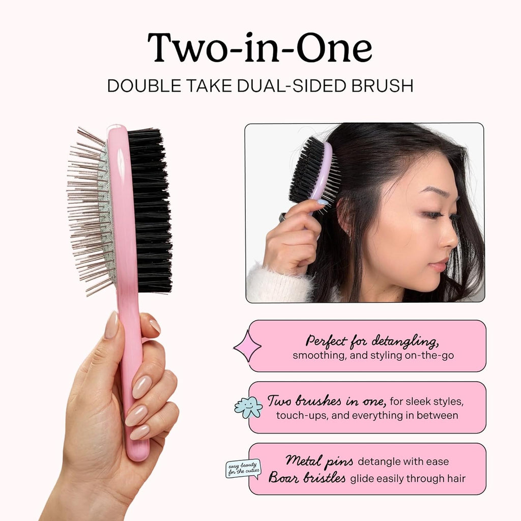 Mane Double Take Dual-Sided Hair Brush - Two-in-One Travel Size Boar Bristle Hair Brush for Smooth Slick Backs & Metal Pin Side for Detangling - For Ponytails, Buns & Touch-Ups On the Go