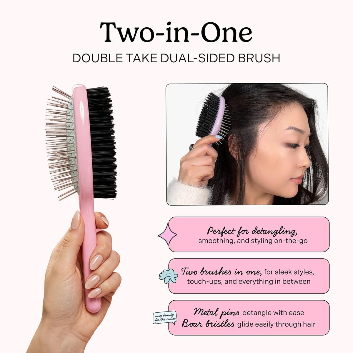 Mane Double Take Dual-Sided Hair Brush - Two-in-One Travel Size Boar Bristle Hair Brush for Smooth Slick Backs & Metal Pin Side for Detangling - For Ponytails, Buns & Touch-Ups On the Go