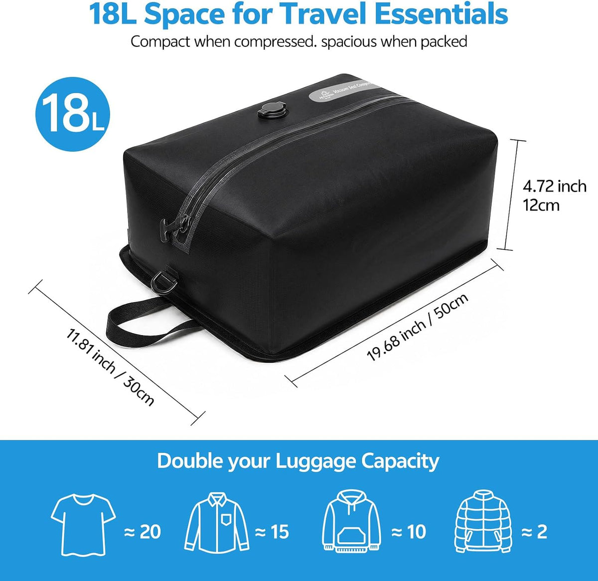 18L Travel Vacuum Bags with Electric Pump, 2 Pack Bag, Black