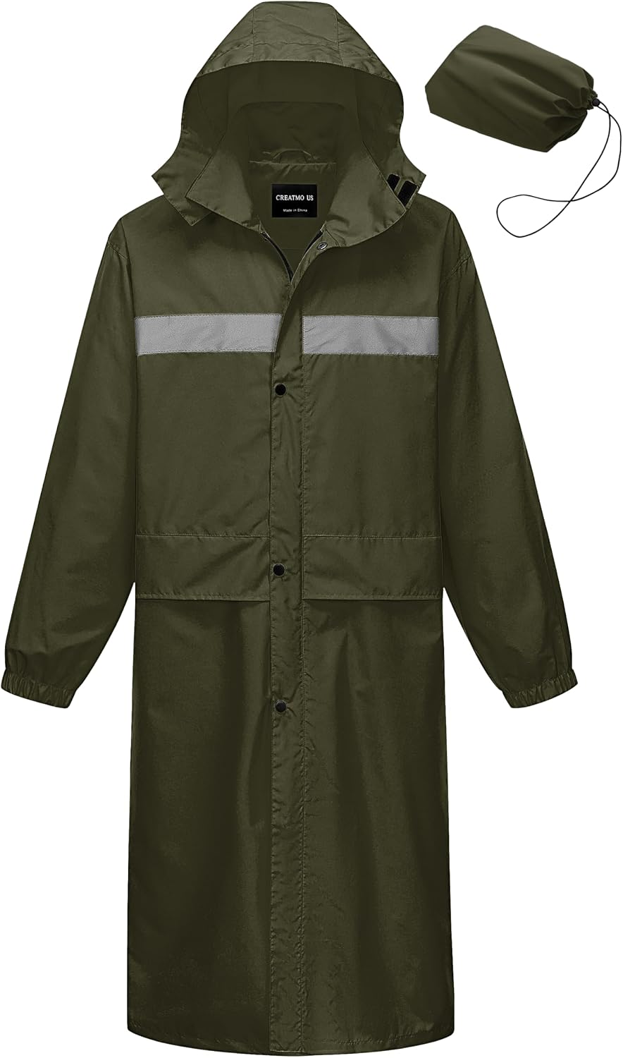 CREATMO US Men's Long Rain Coat Waterproof Packable Rain Jacket Outdoor Lightweight Windbreaker with Hood