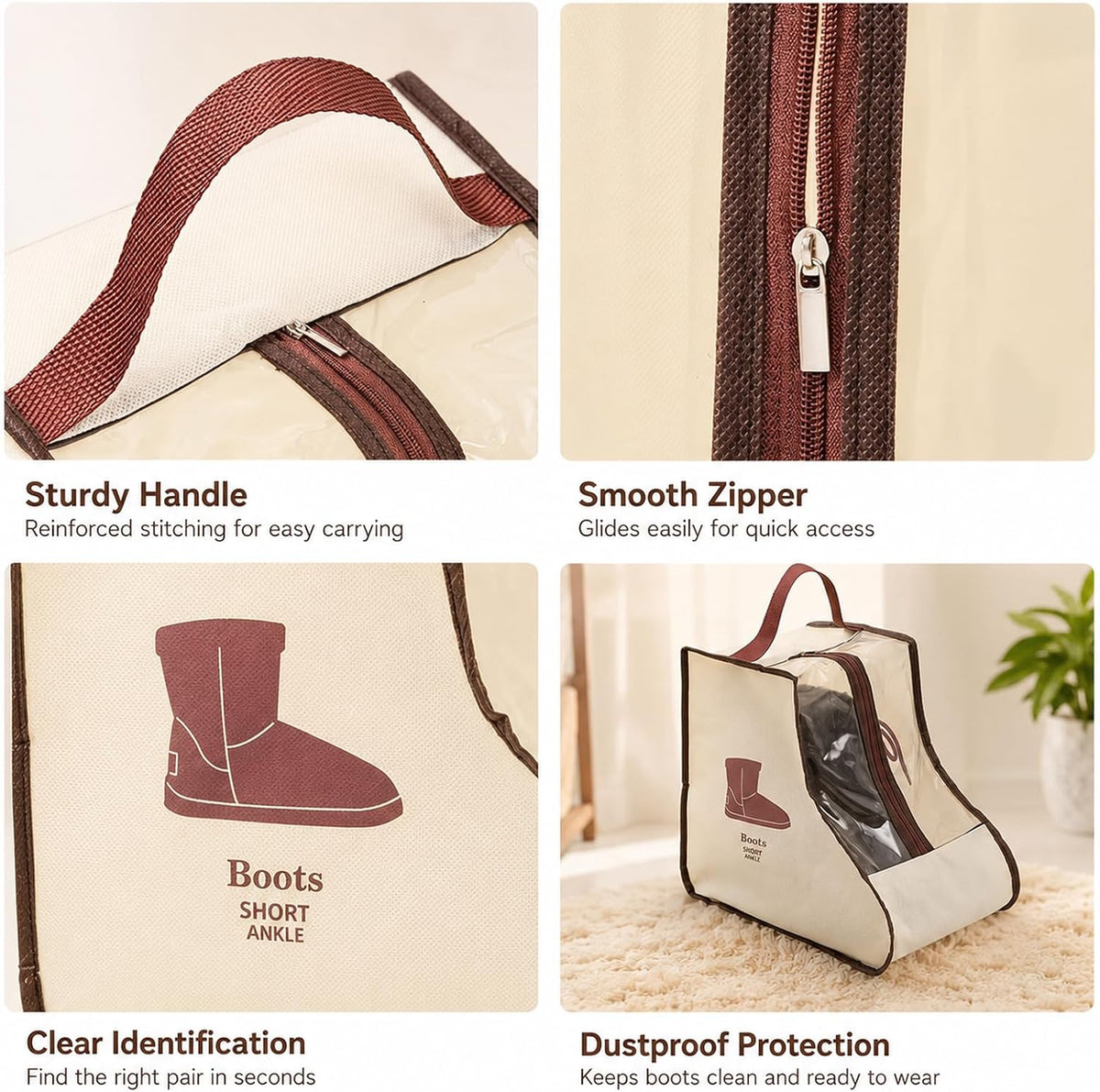 Tall Boot Storage Bag Organizer for Closet and Travel, Portable Dustproof Bags for Cowboy (2 Pcs Beige Short Boot)