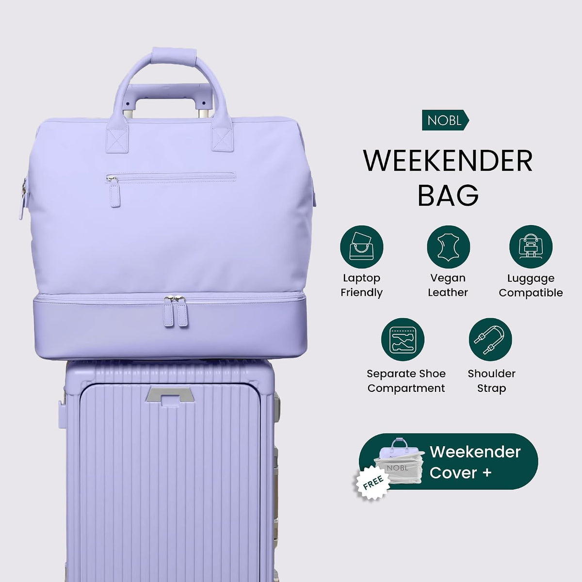Nobl Travel Weekender Bag for Women & Men, Large Carry-On Duffel, Lavender