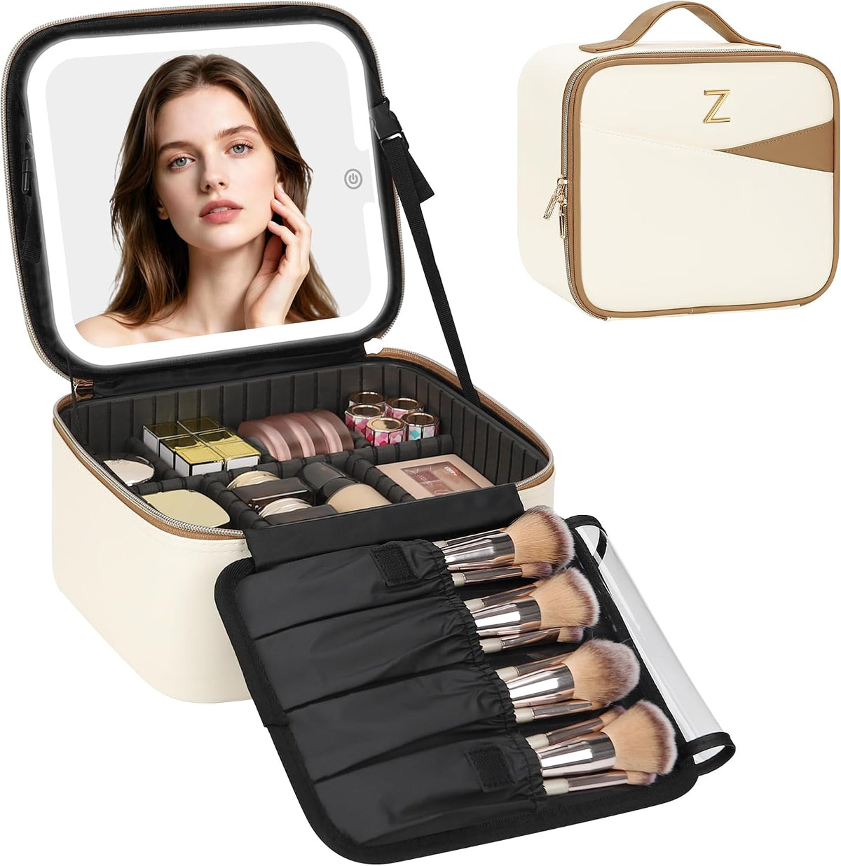 Relavel Birthday Gifts for Women Teen Girls, Initial Makeup Bag with LED Mirror, Personalized Cosmetic Organizer with 3 Light Modes, Rechargeable Travel Bag with Compartment & Adjustable Dividers - Z