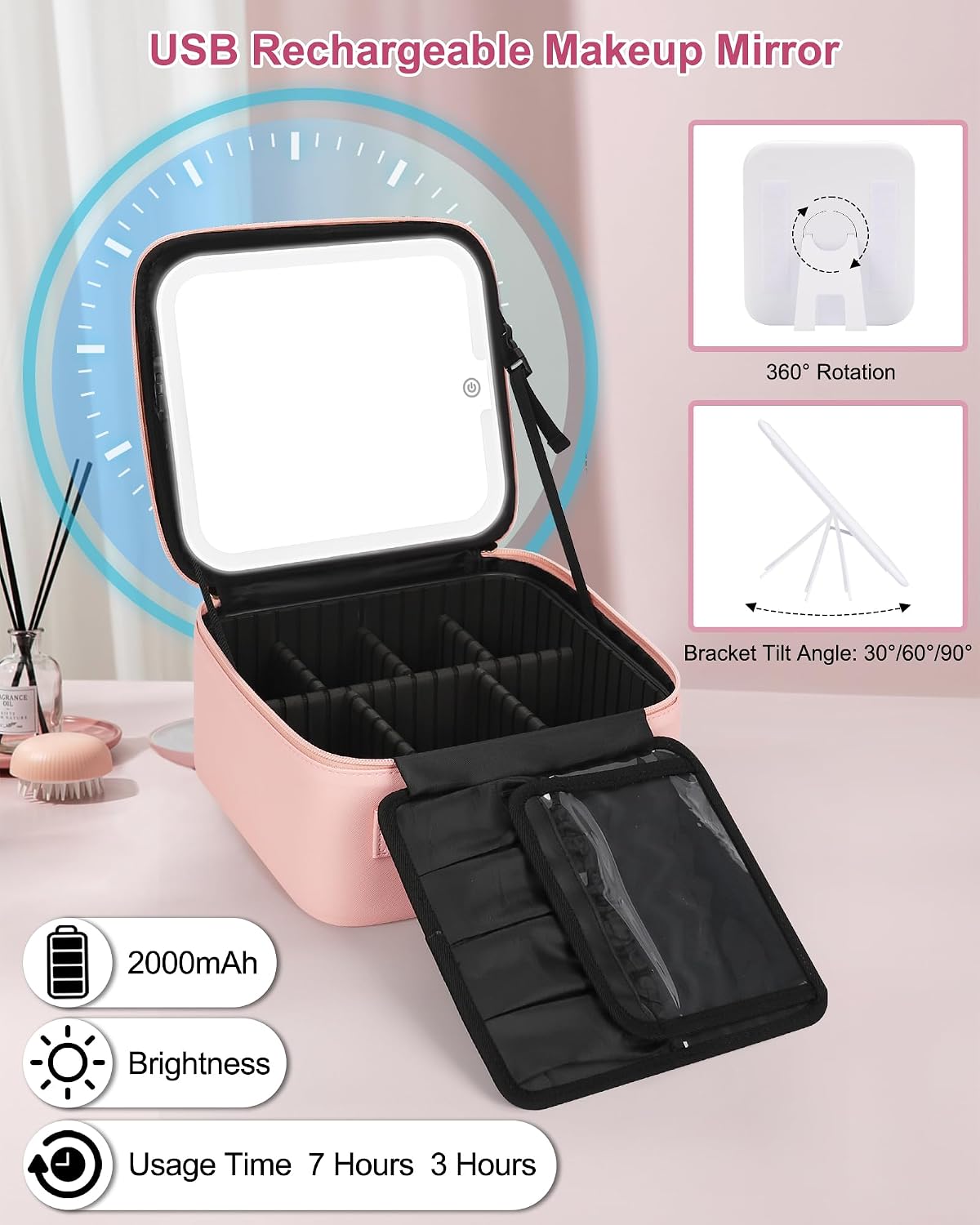 Relavel Initial Makeup Bag with LED Mirror for Women Girls, Personalized Travel Cosmetic Organizer Train Case, Birthday Gifts for Grandkids Bridesmaid Graduation Teacher Friends, Trendy Stuff, Pink O