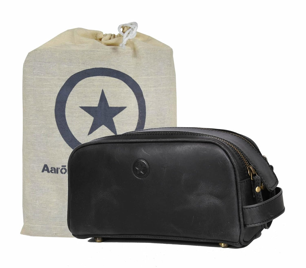 10" Premium Leather Toiletry Travel Pouch With Waterproof Lining Black Color | King-Size Handcrafted Vintage Shaving Kit By Aaron Leather Goods (Florida Black)
