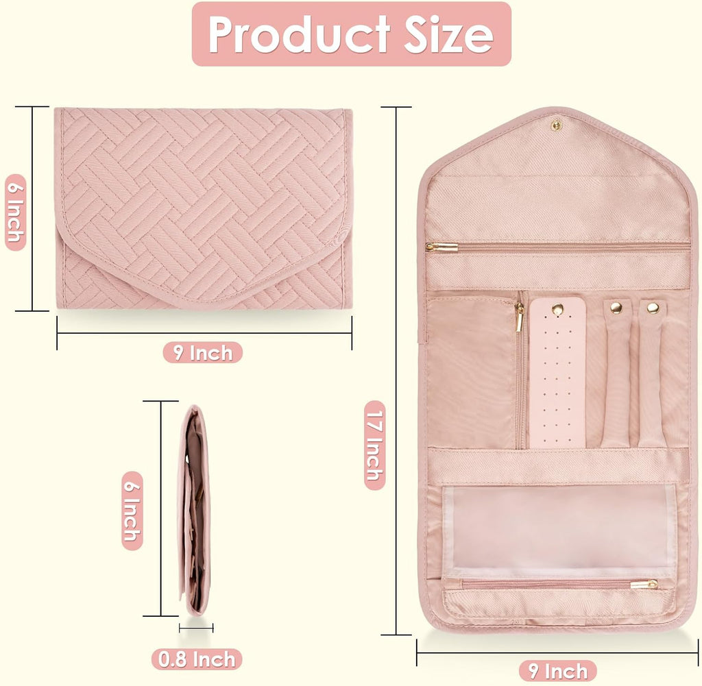 Amrules Travel Jewelry Roll Organizer Bag, Medium, Pink