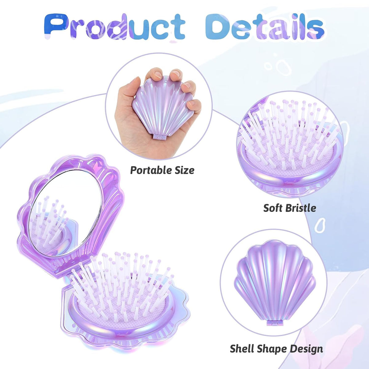 12 Pcs Foldable Shell Hair Brush with Mirror, Mermaid Party Favors Mini Travel Pocket Compact Hair Brush Makeup Comb for Women Girls Hairstyles Bridal Shower Gift Party Supplies (Purple)