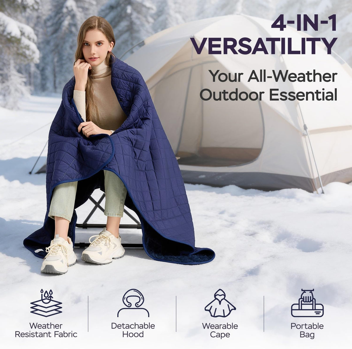 Waterproof Camping Blanket Coral Fleece Navy Blue 130x178cm