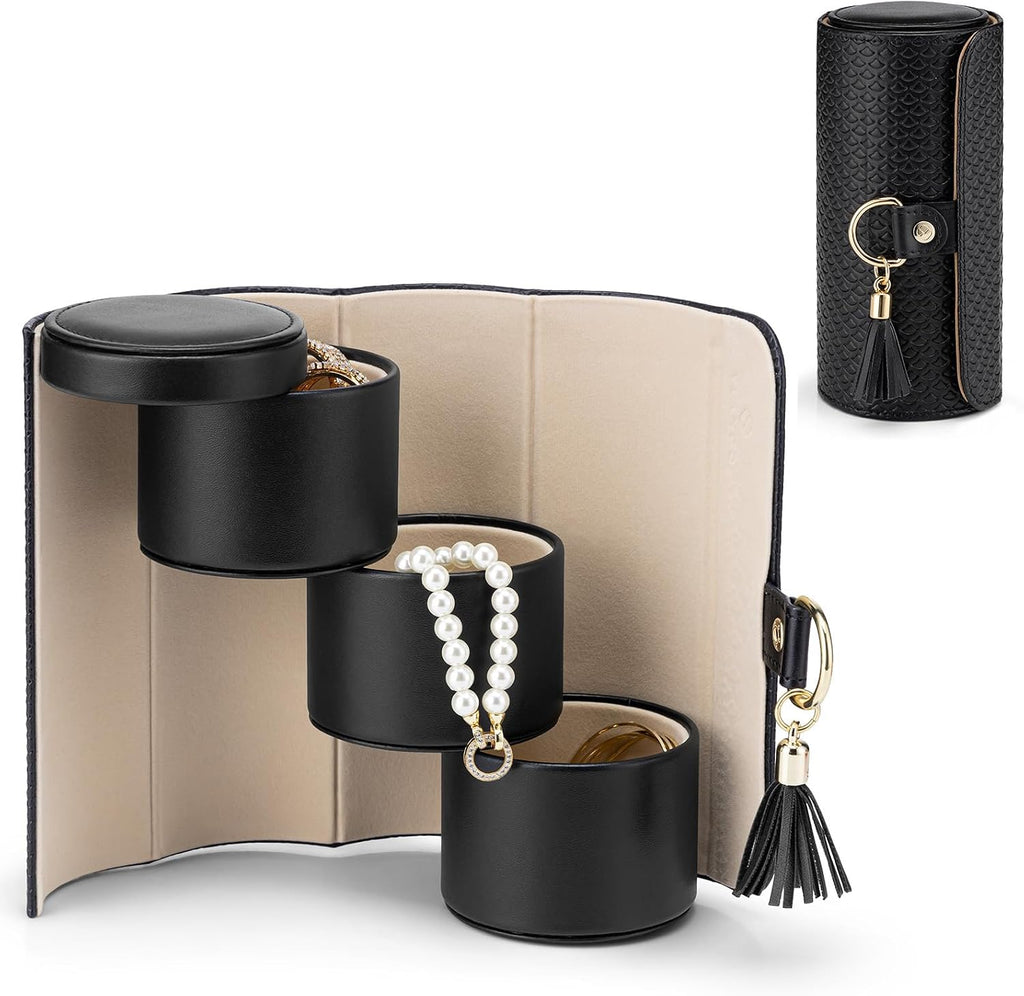 VLANDO Travel Jewelry Organizer, 3 Tier Roll Up Design, Hard Shell Storage