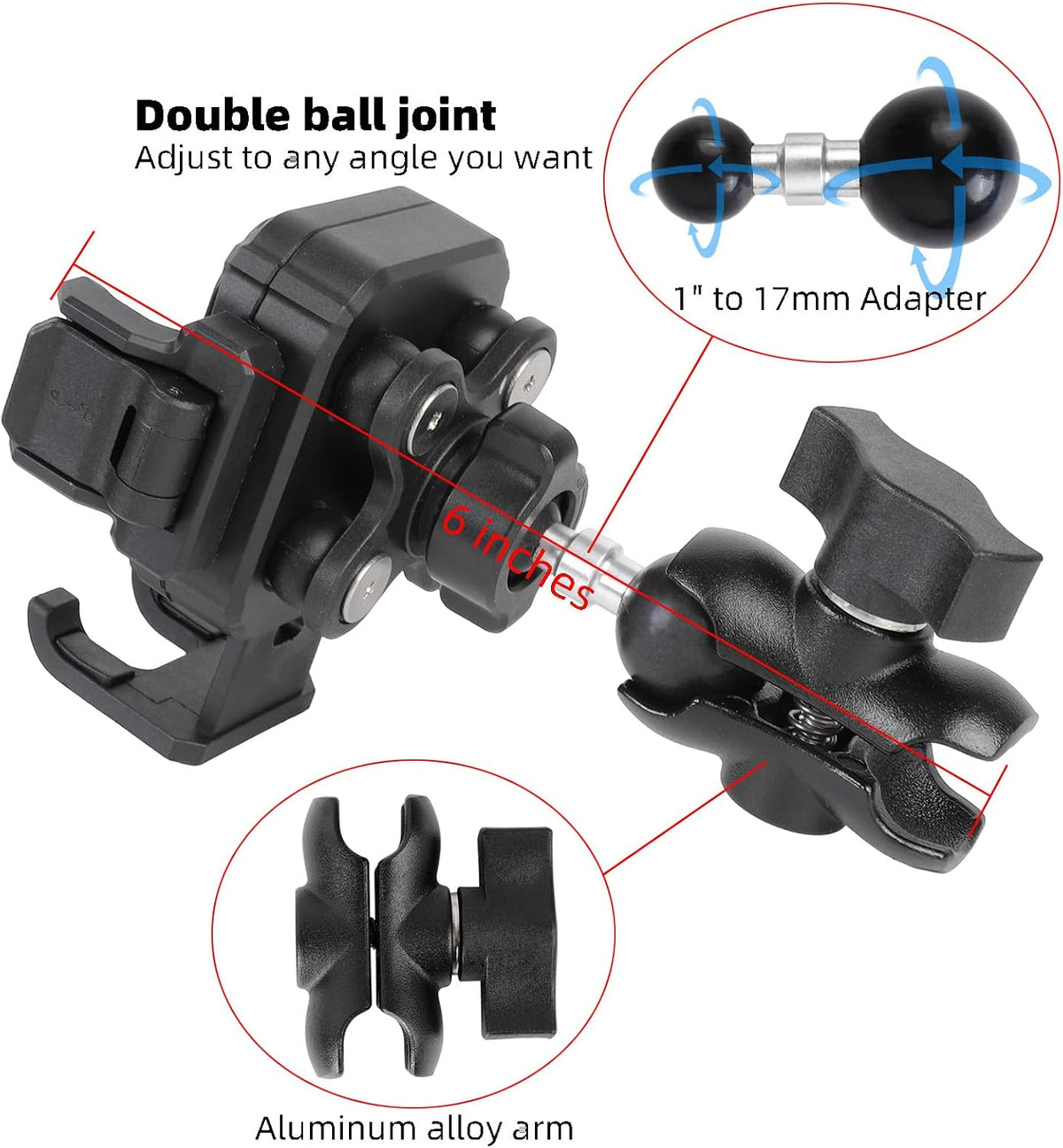1" Ball Phone Mount Holder with Vibration Dampener ＆ 2.36" Short Double Socket Arm, Compatible with RAM B Size Mounts, Fits 5-7.2'' Phones, for Motorcycle Bike Boat ATV UTV Car Truck