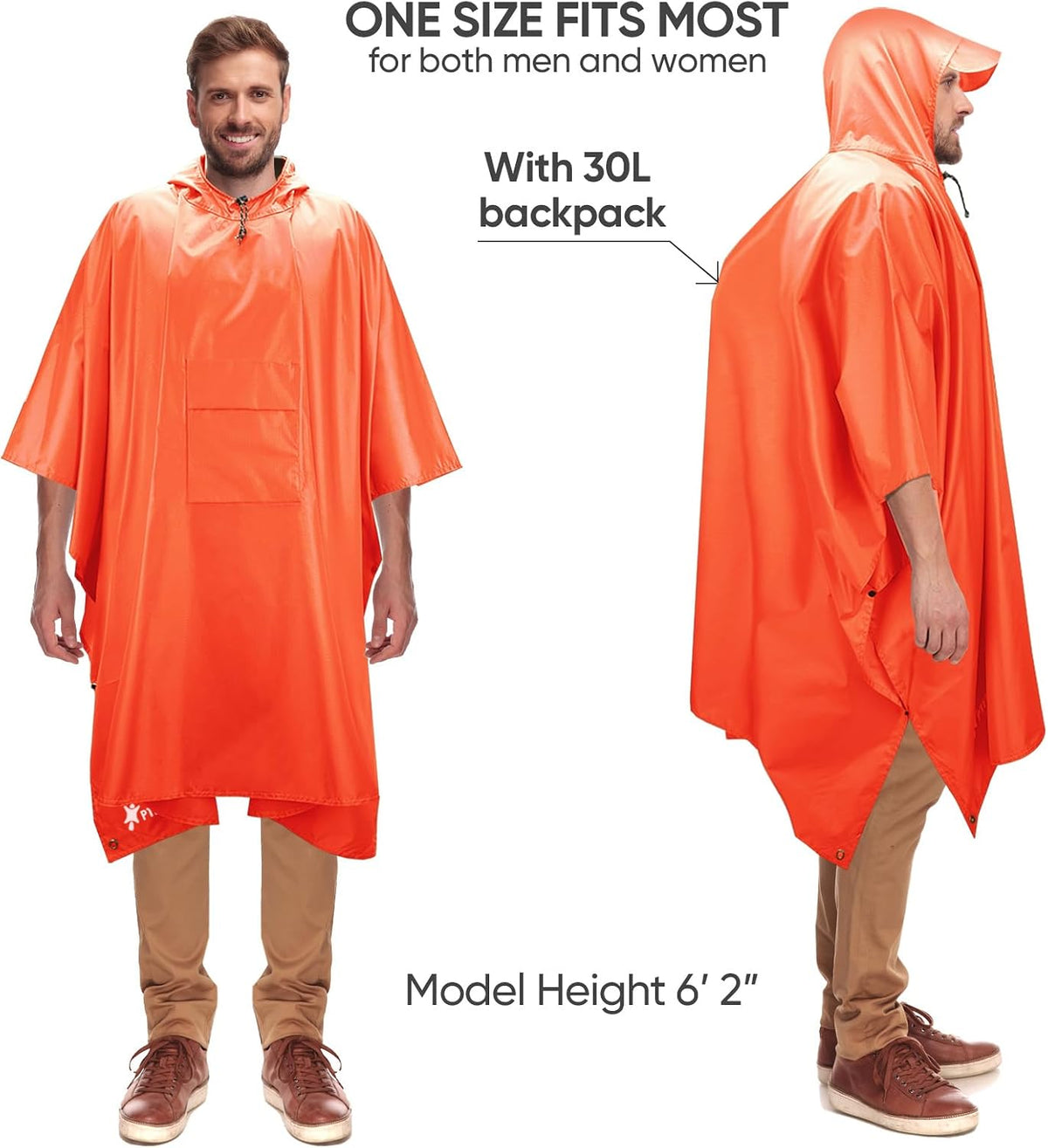 PTEROMY Hooded Rain Poncho for Adults, Reusable Waterproof Raincoat