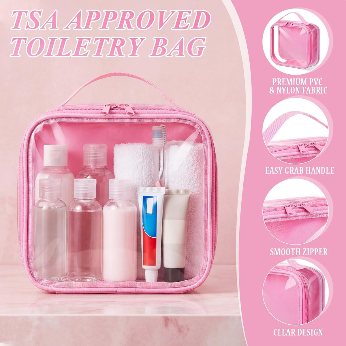 Abbylike 3 Pcs Small Toiletry Bags Reusable Quart Size Travel Liquid Pouch Single-sided Clear PVC Carry-on Organizer with Handle Cosmetic Bags for Airport Security Women Men(Pink)